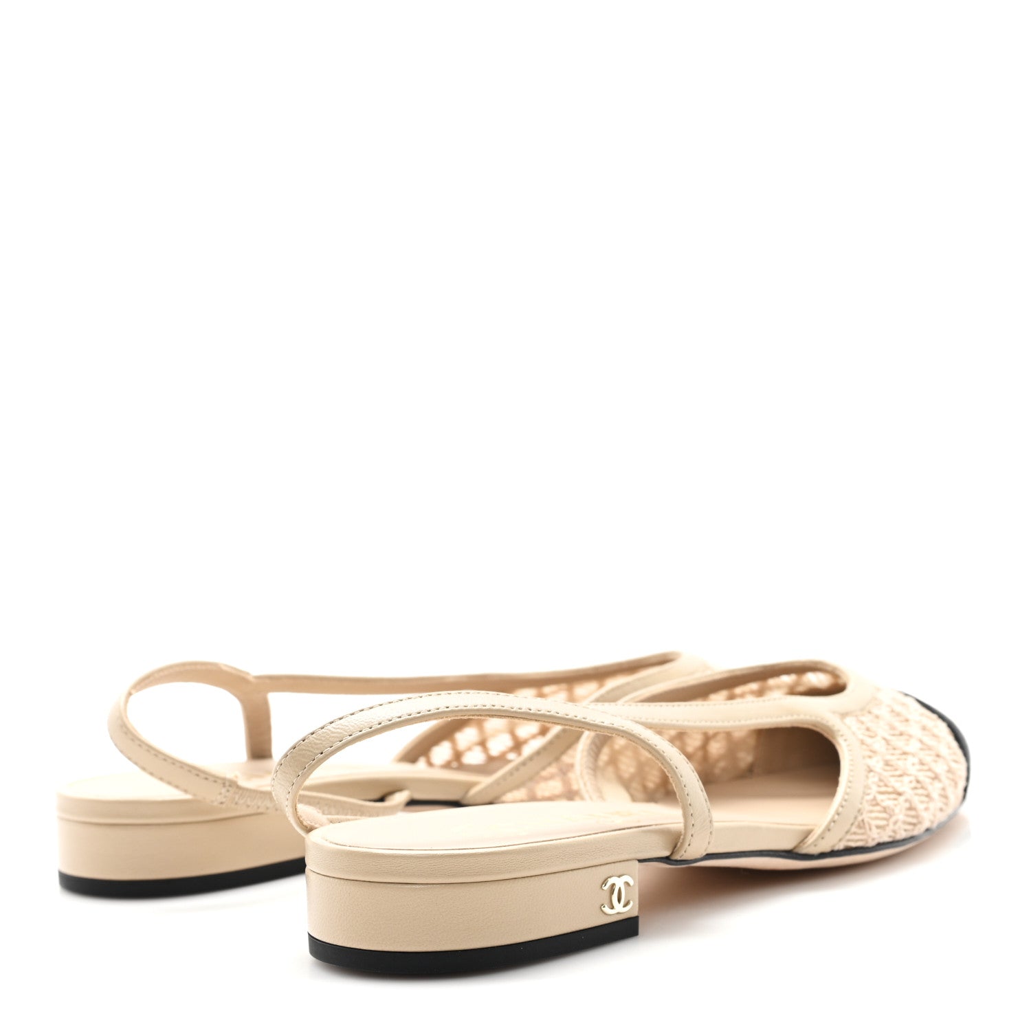 Chanel Embroidery Grosgrain Cap Toe CC Slingback Flats 37 Beige Black 5 of 9