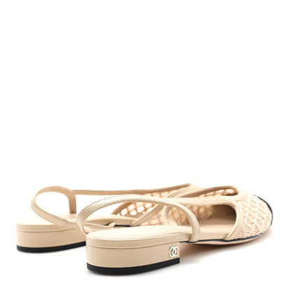 Chanel Embroidery Grosgrain Cap Toe CC Slingback Flats 37 Beige Black 5 of 9