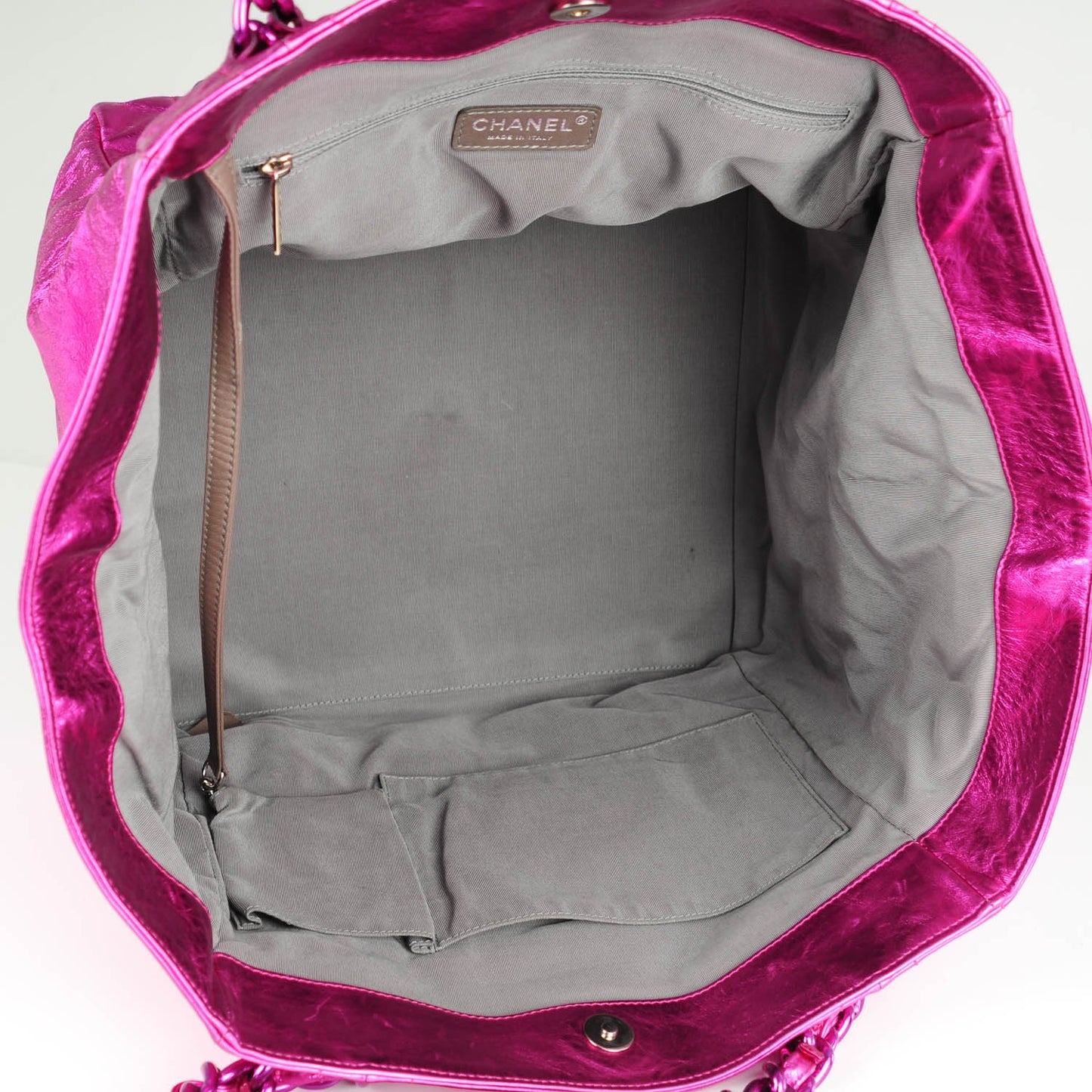 Metallic Cracked Calfskin Modern Chain Tote Fuchsia