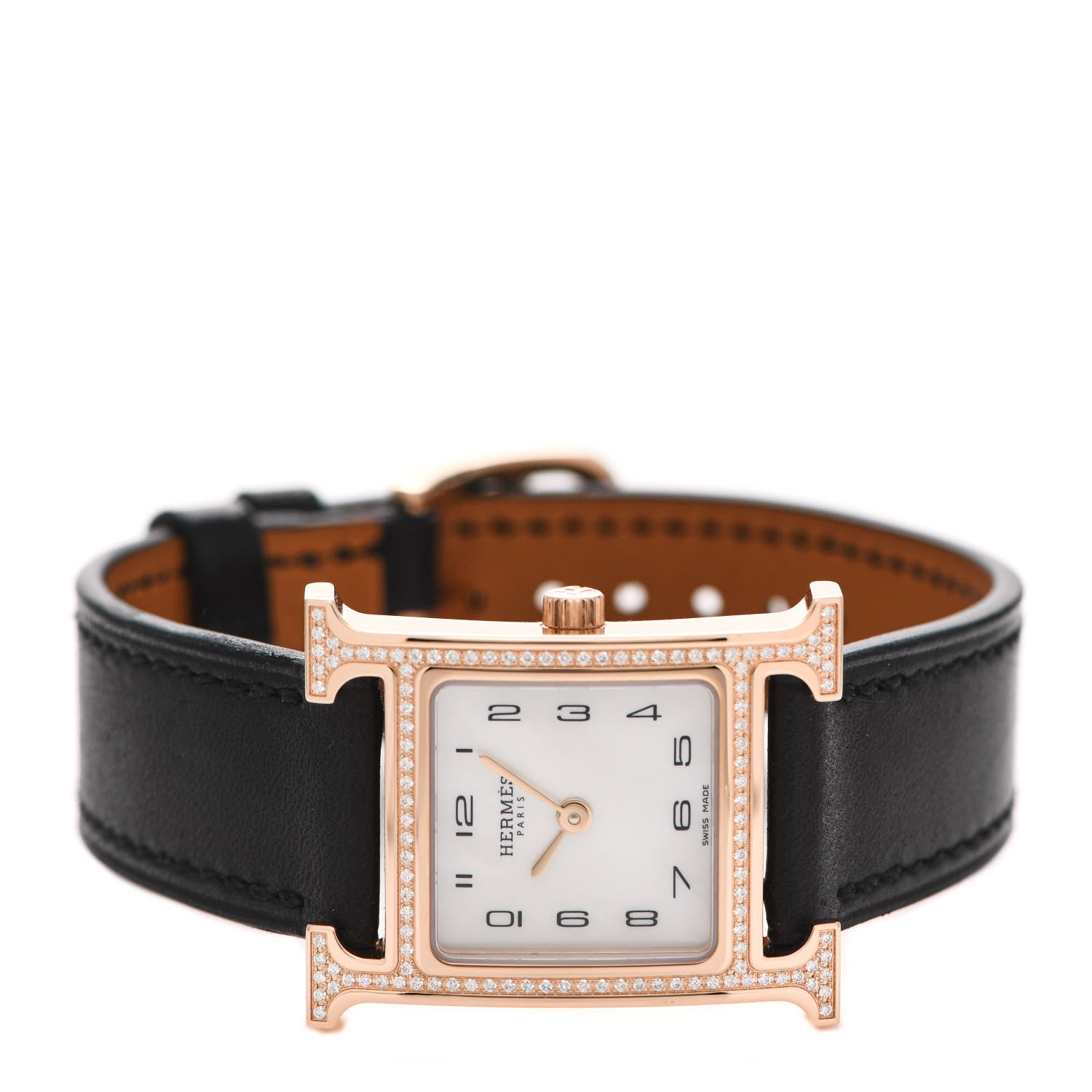 Hermes 18K Rose Gold Barenia Diamond Bezel Mother of Pearl 21mm Heure H Hour Quartz Watch Noir 2 of 5