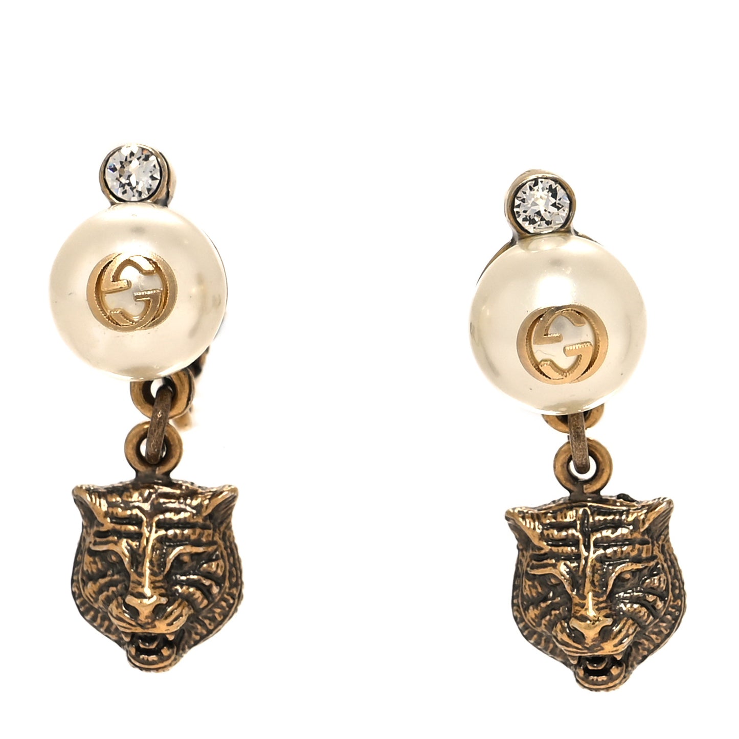 Metal Crystal Resin Pearl Feline Clip On Earrings Aged Gold