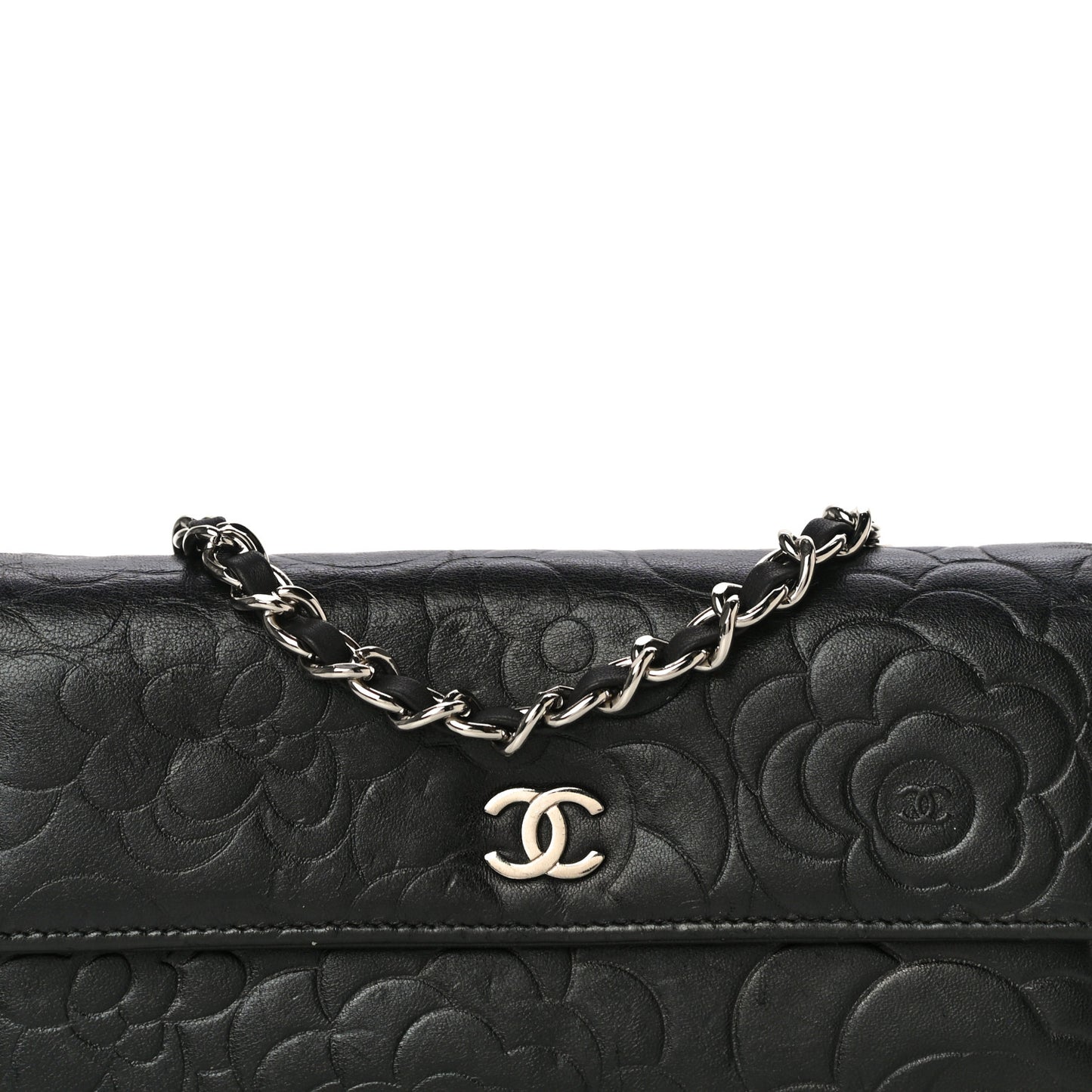 Lambskin Camellia Embossed Wallet on Chain WOC Black