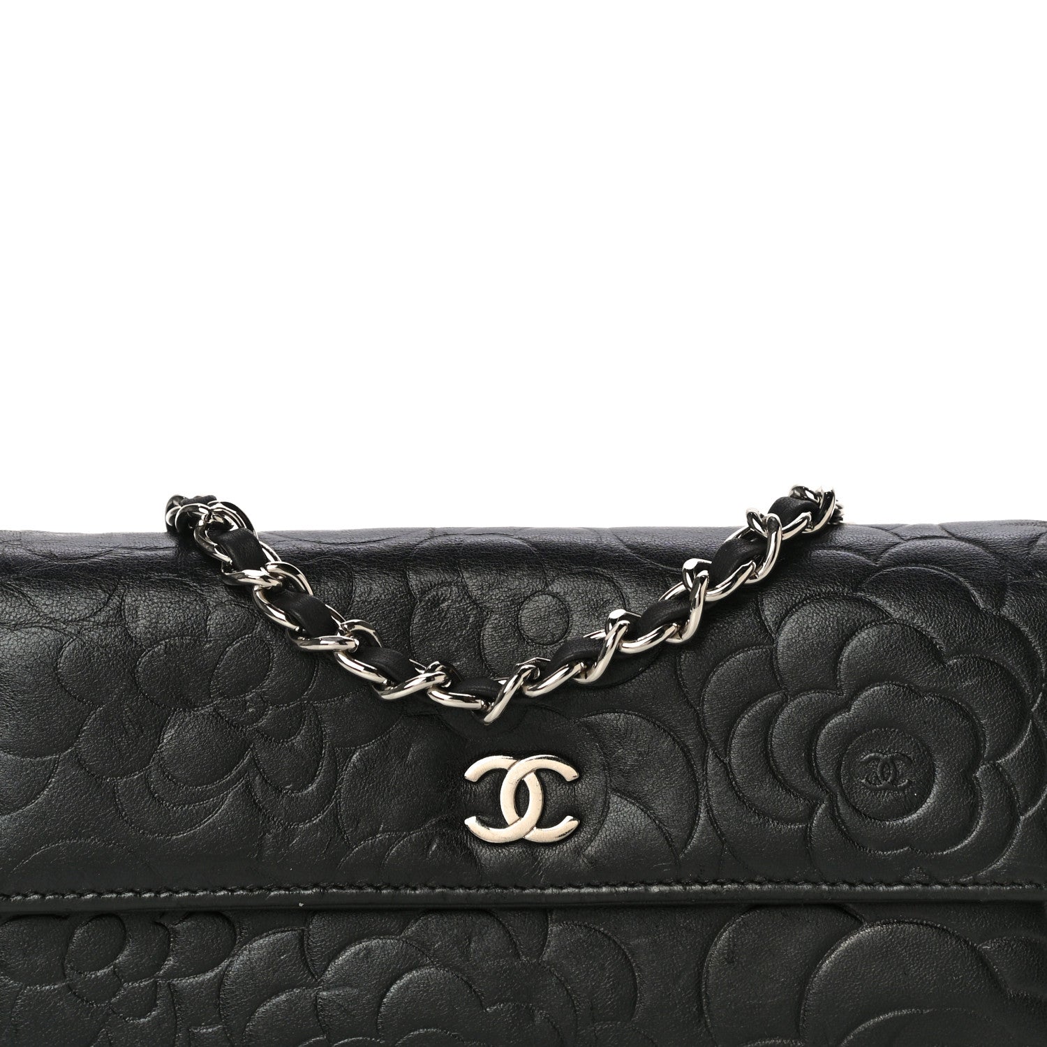 Chanel Lambskin Camellia Embossed Wallet on Chain WOC Black 9 of 29