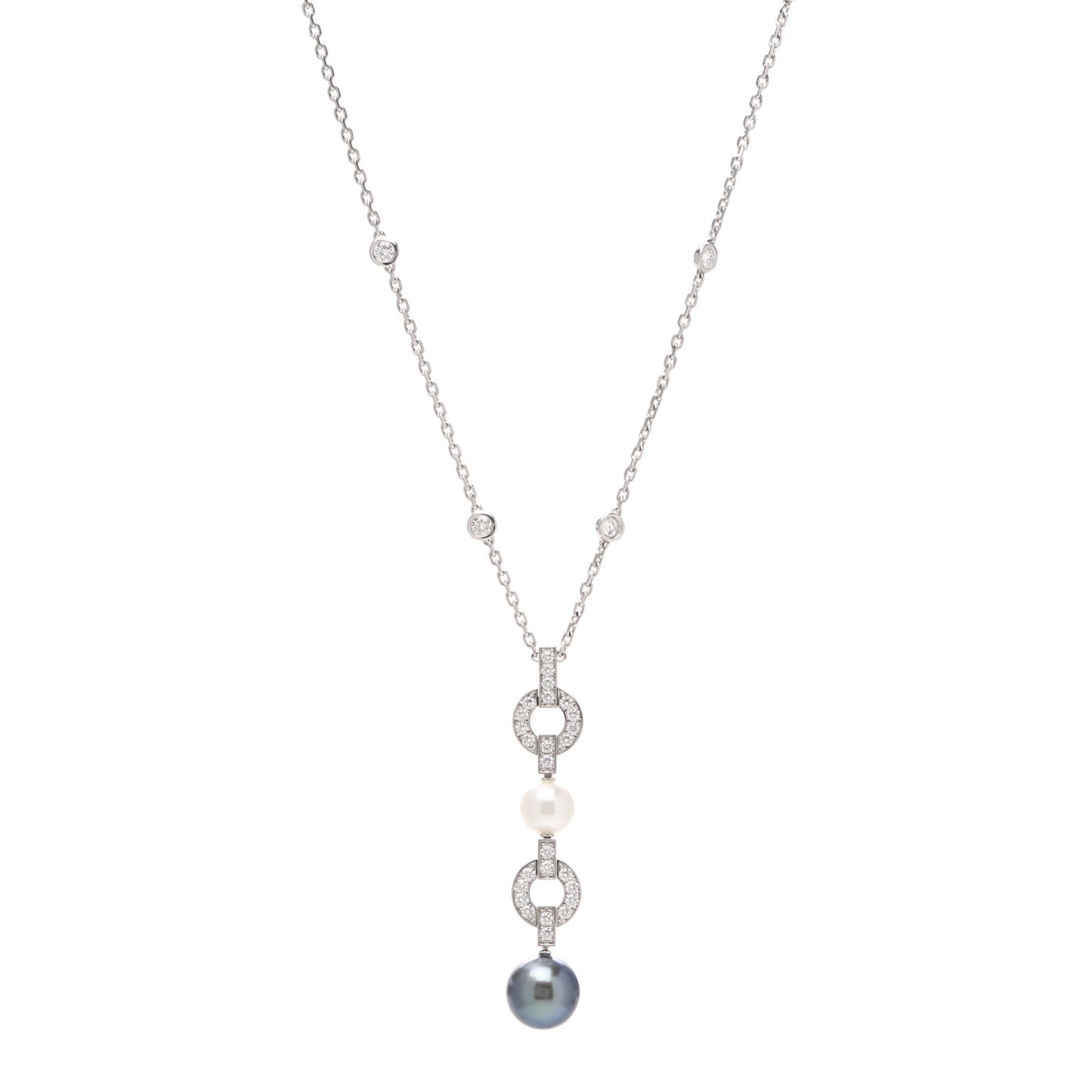 18K White Gold Diamond Tahitian Pearl Himalia Drop Pendant Necklace