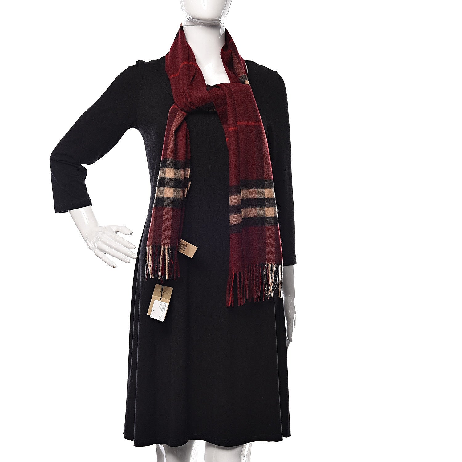 Burberry Cashmere Giant Check Icon Stripe Fringe Scarf Claret 2 of 5