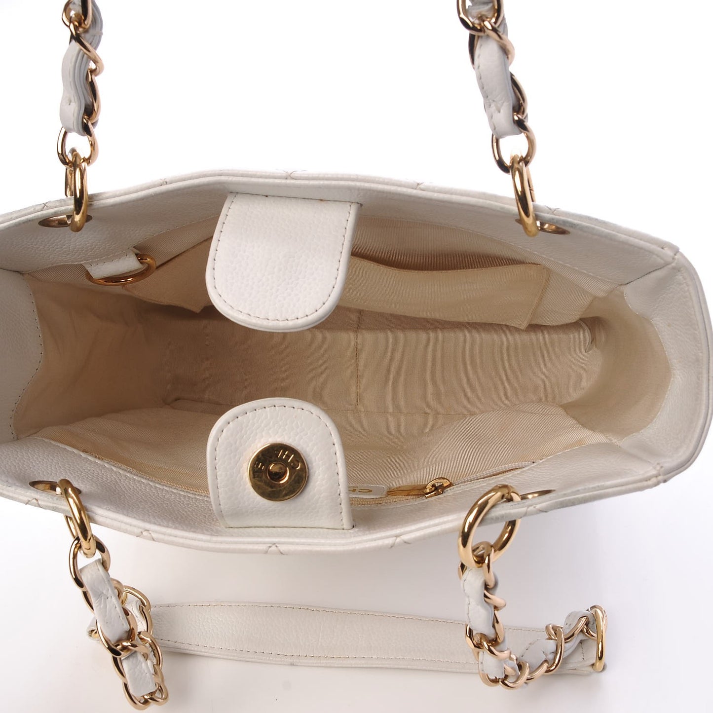 Caviar Quilted Petit Shopping Tote PST White