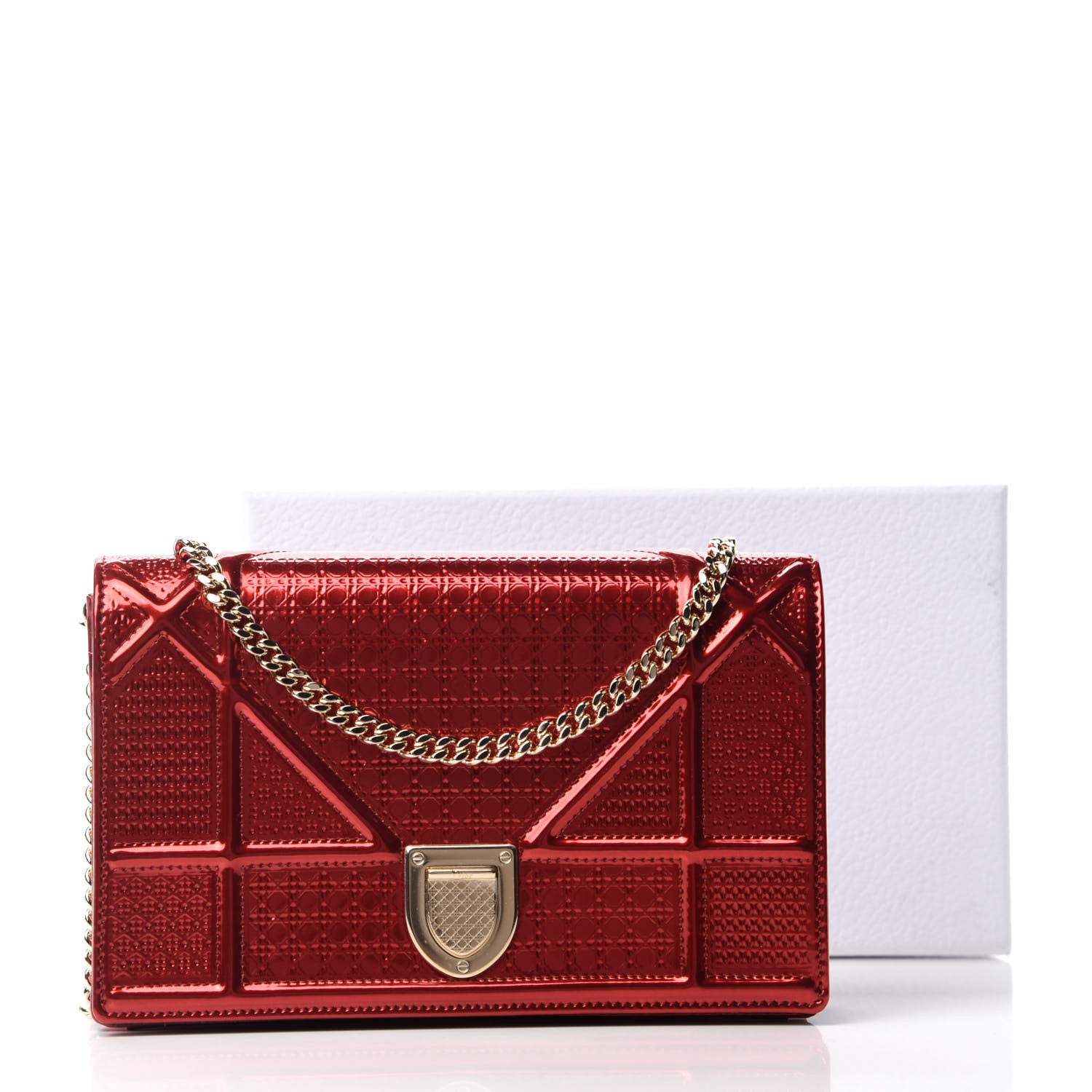 Christian Dior Metallic Patent Micro-Cannage Diorama Wallet on Chain Pouch Red 10 of 10