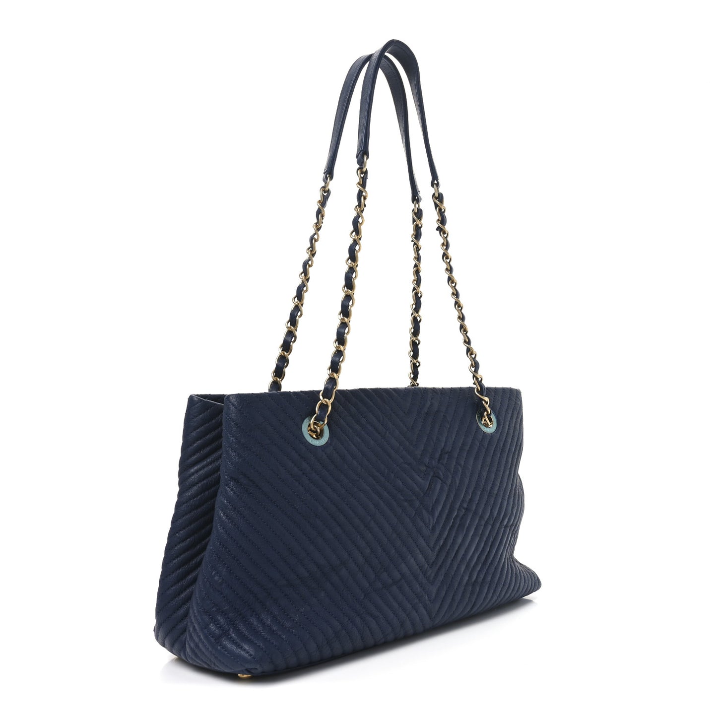 Wrinkled Lambskin Chevron Quilted Surpique Tote Navy Blue