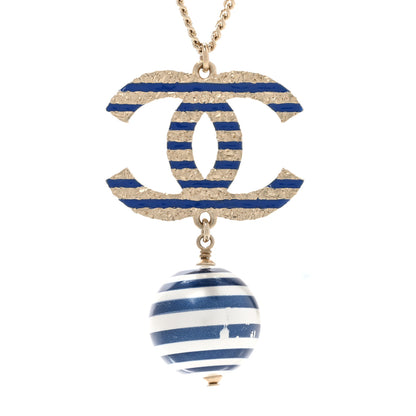 Chanel Resin Pearl Striped CC Drop Necklace Blue Gold 4 of 8