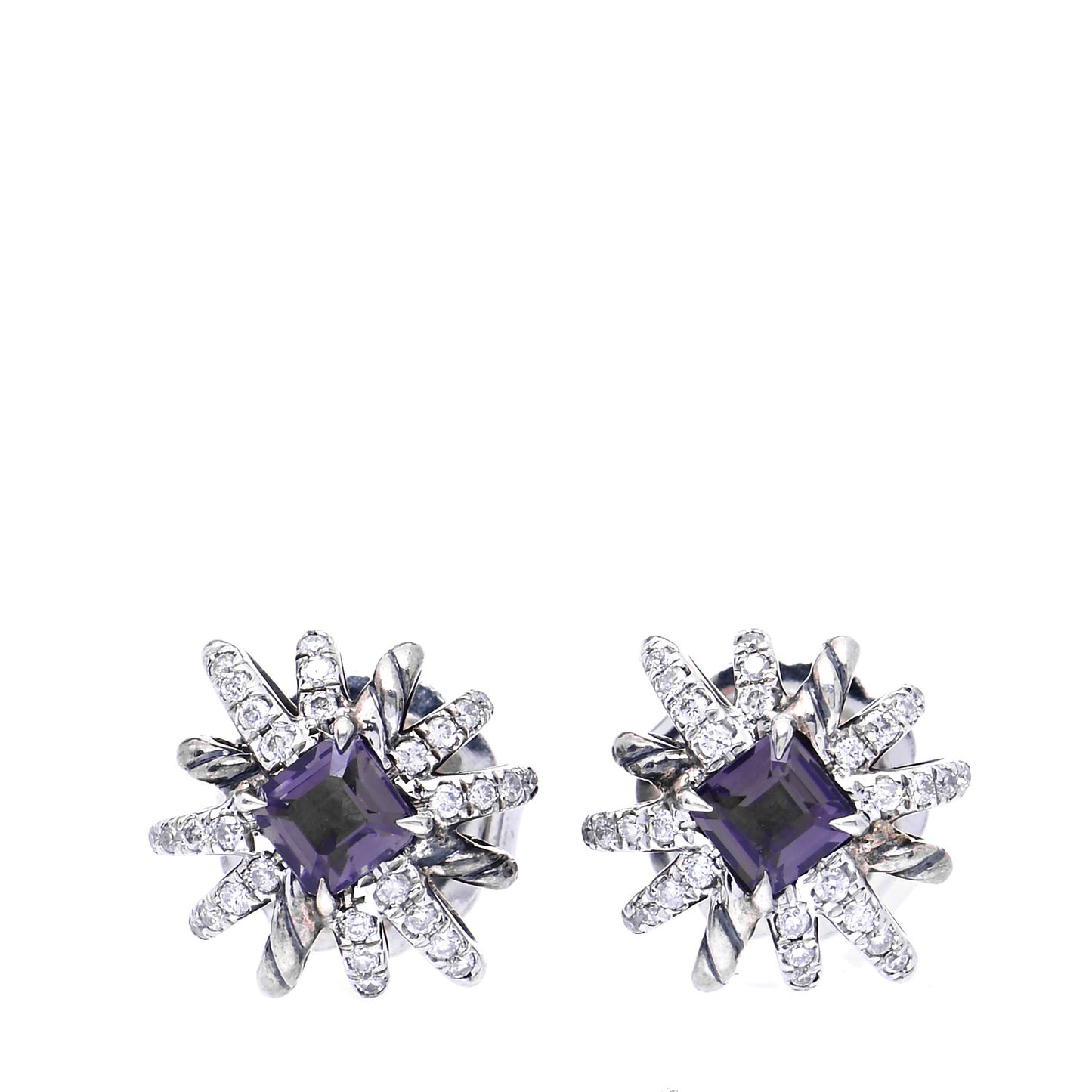 Sterling Silver Diamond Amethyst 12mm Starburst Earrings