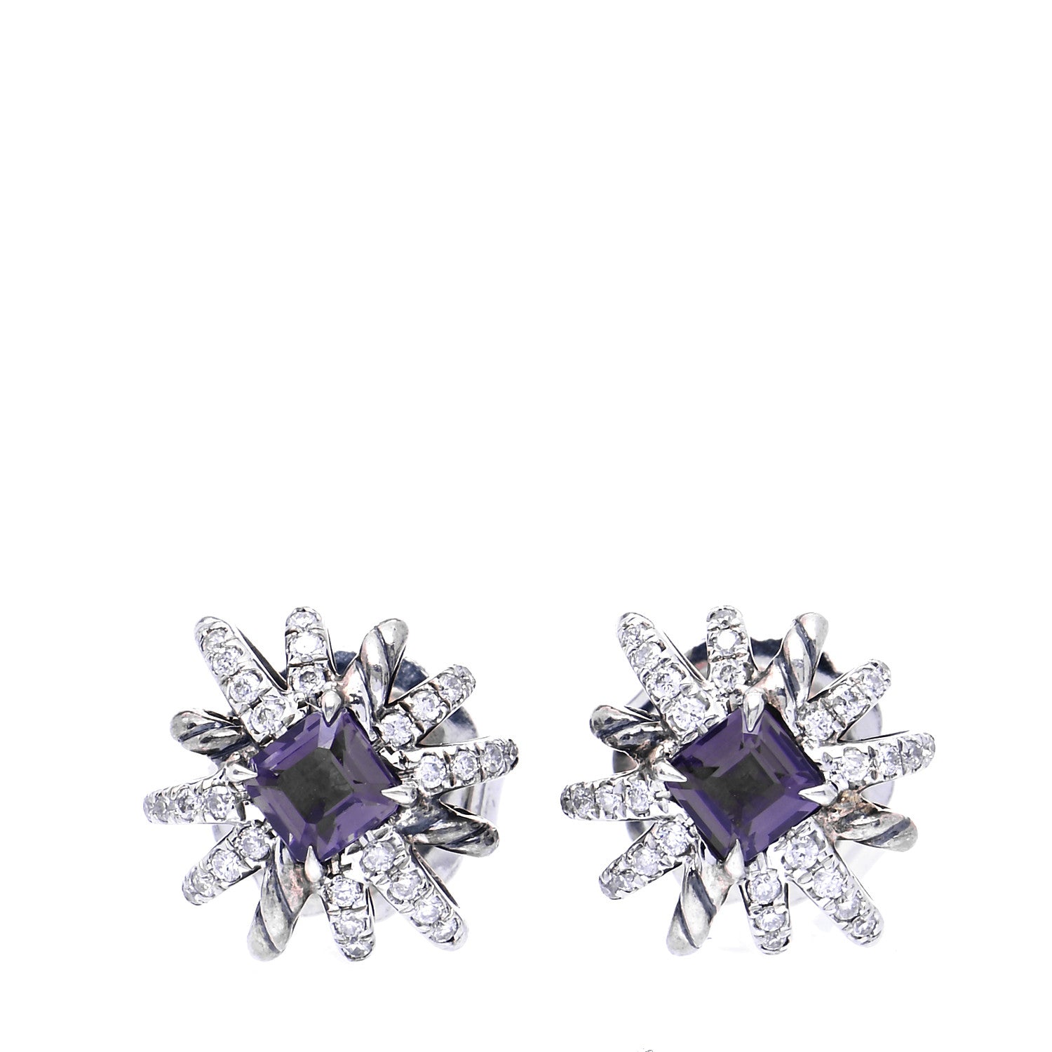 David Yurman Sterling Silver Diamond Amethyst 12mm Starburst Earrings 1 of 5