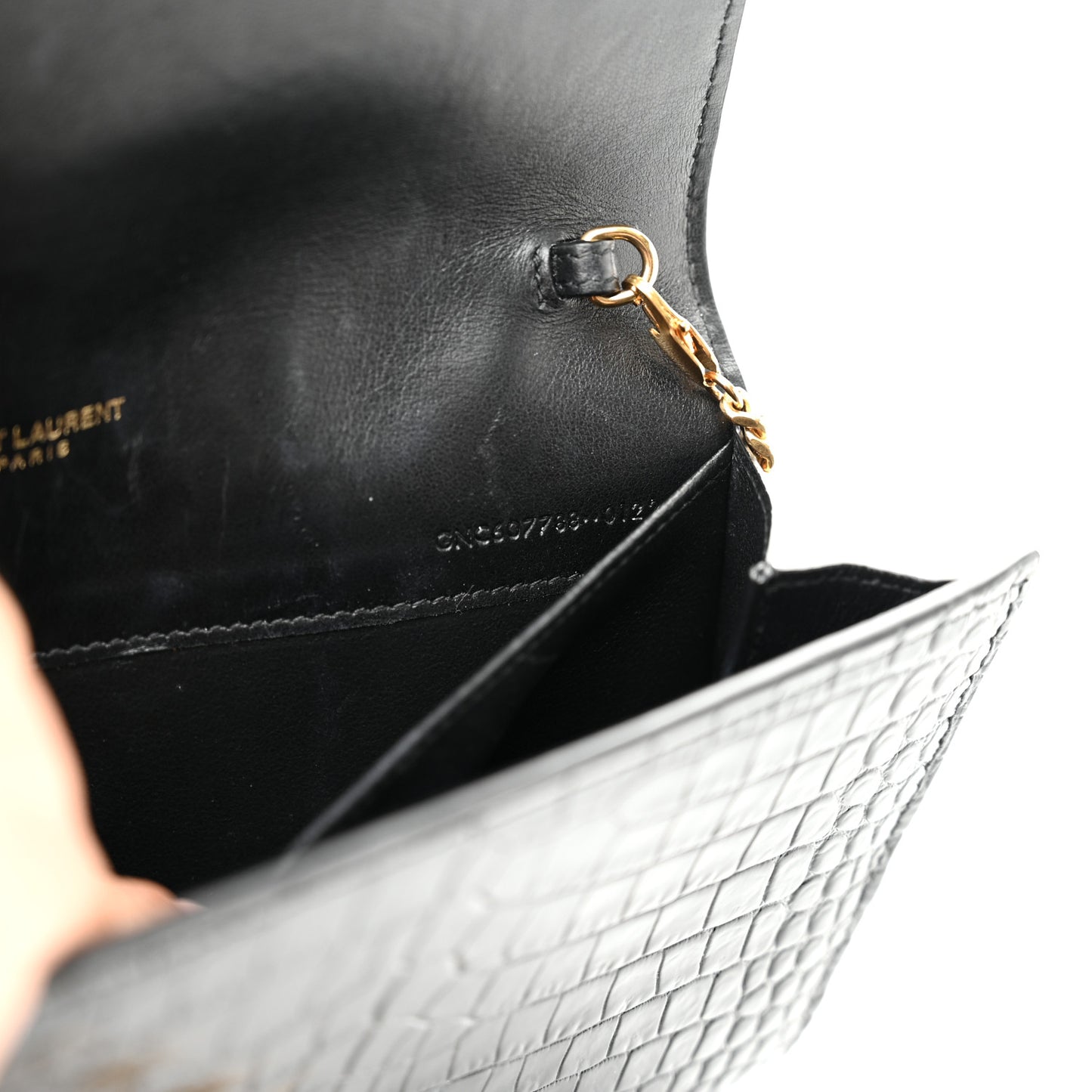 Calfskin Crocodile Embossed Monogram Uptown Chain Wallet Black