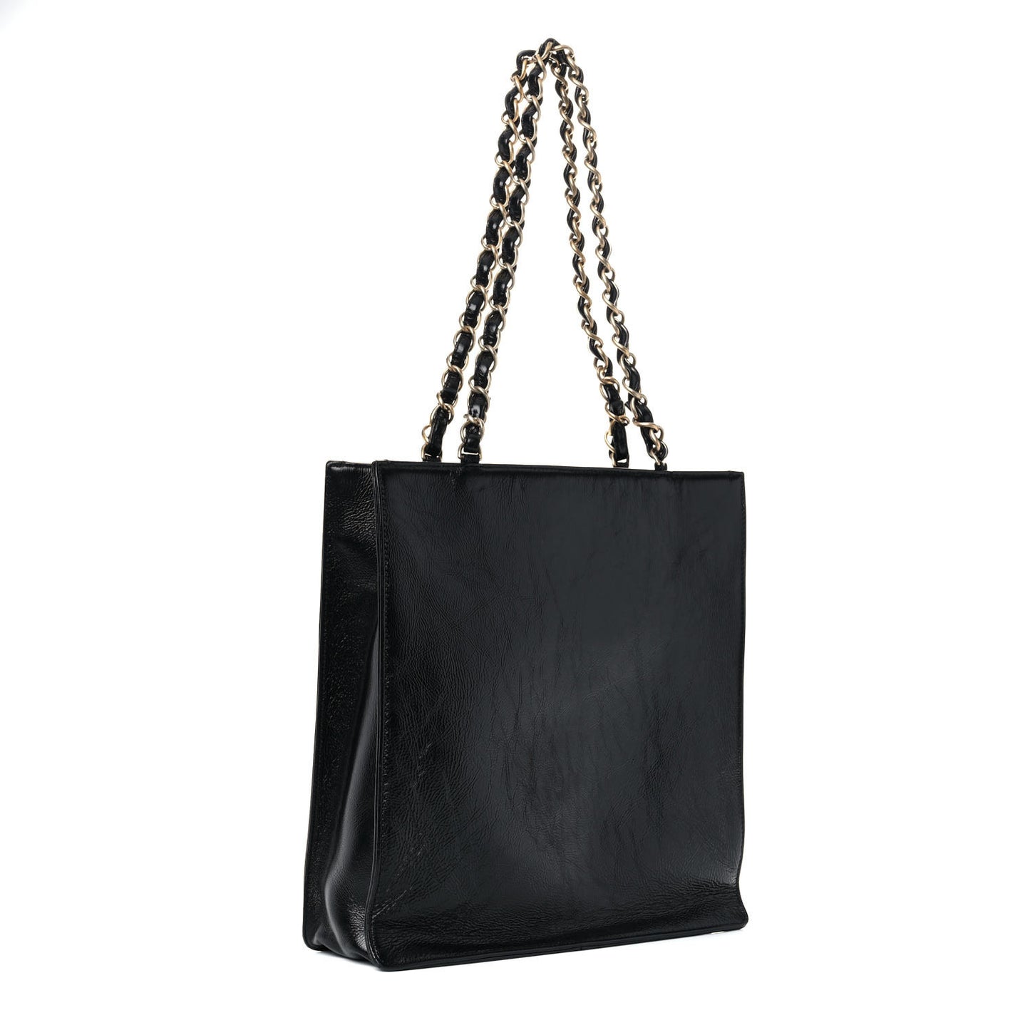 Shiny Aged Calfskin North South Shopping Bag Black