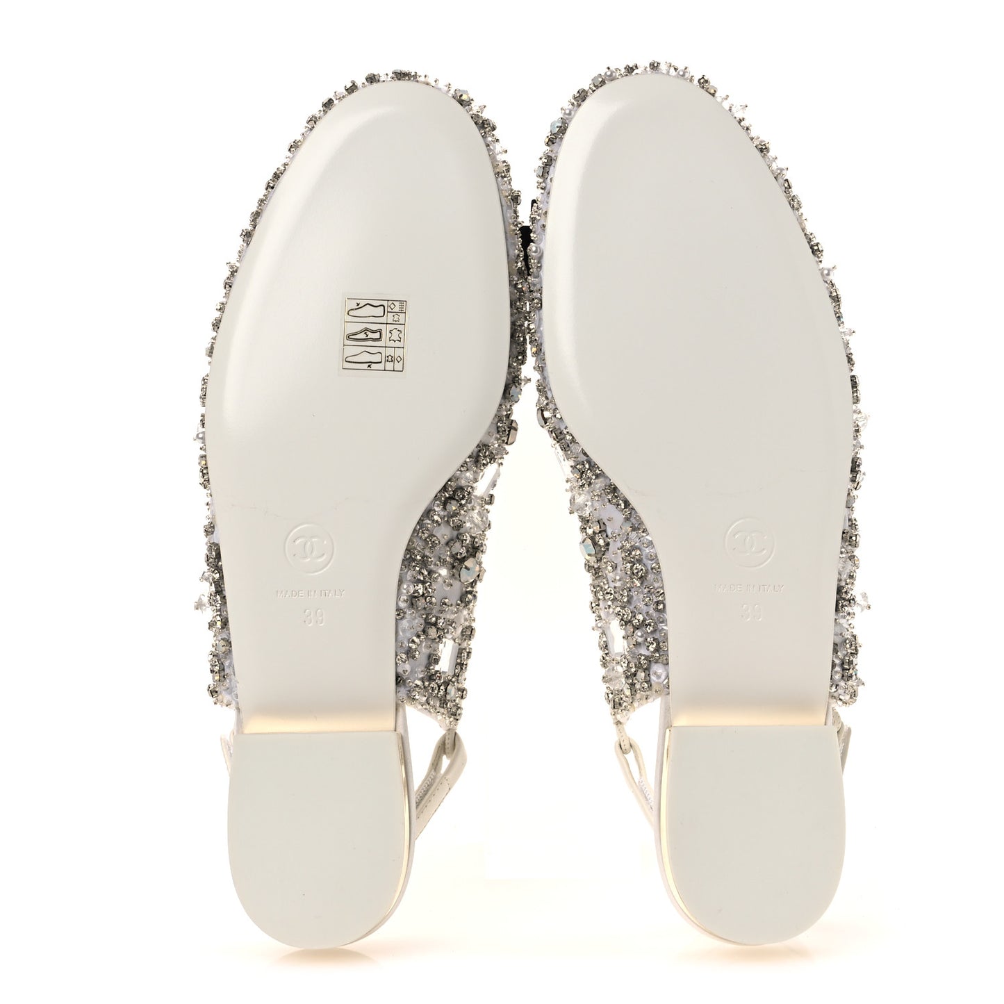 Satin Crystal Lambskin Grossgrain Bow CC Slingback Flats 39 White Black