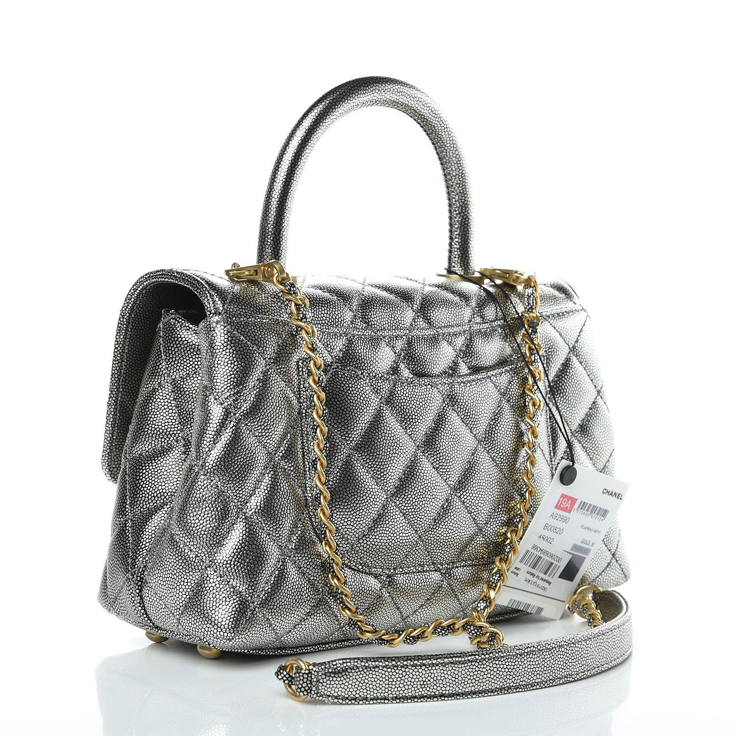 Metallic Caviar Quilted Mini Coco Handle Flap Silver