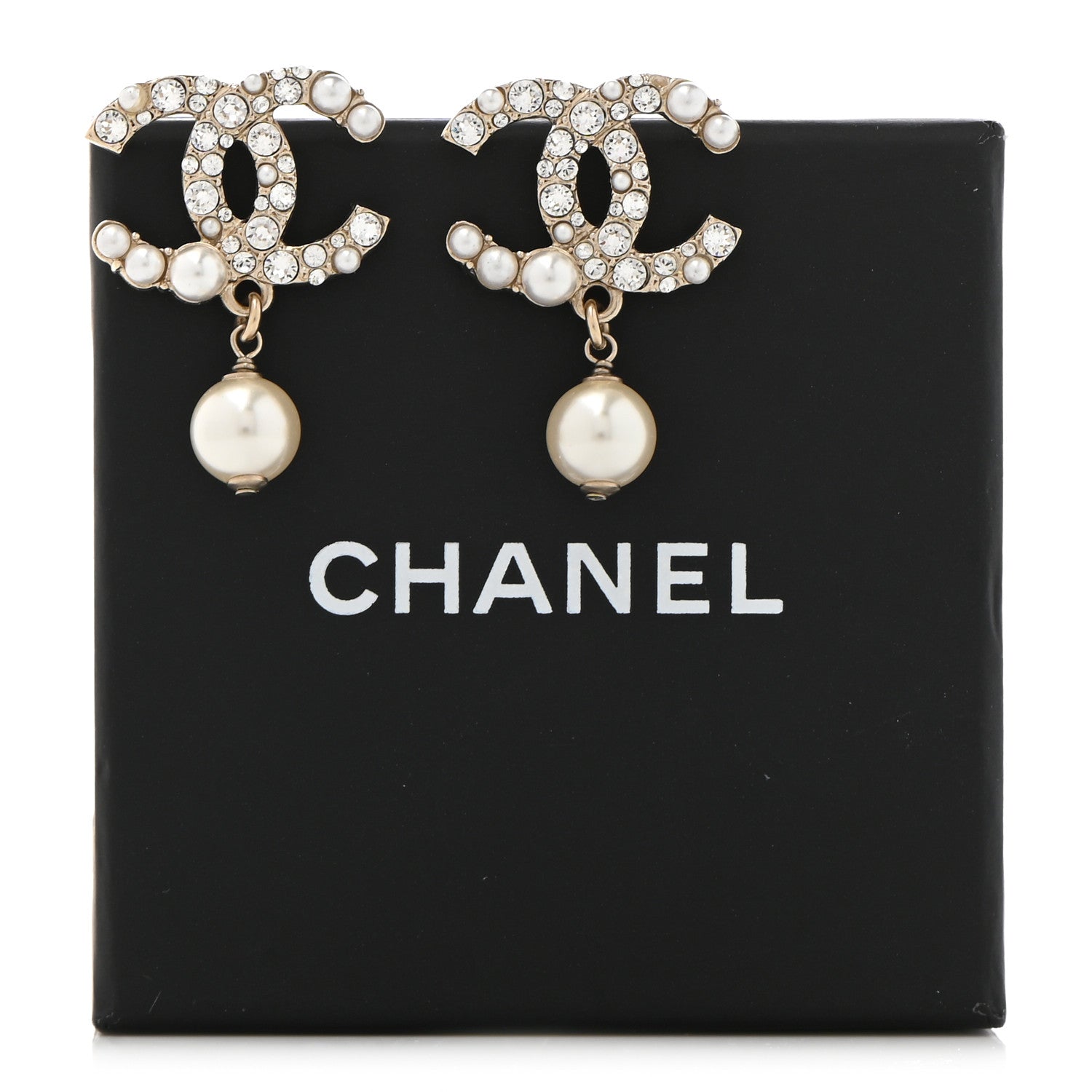 Chanel Crystal Pearl CC Drop Earrings Gold 5 of 5