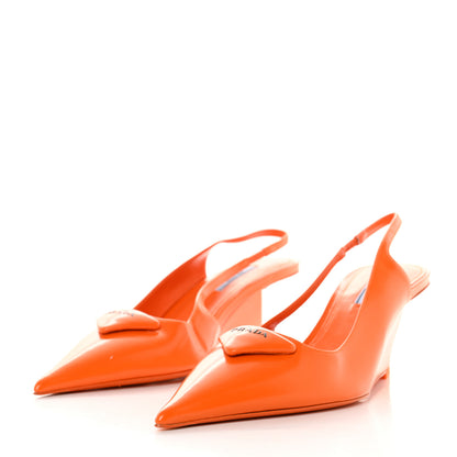 Prada Brushed Calfskin Logo Pointed Toe Slingback Wedges 38 Orange 3 of 10