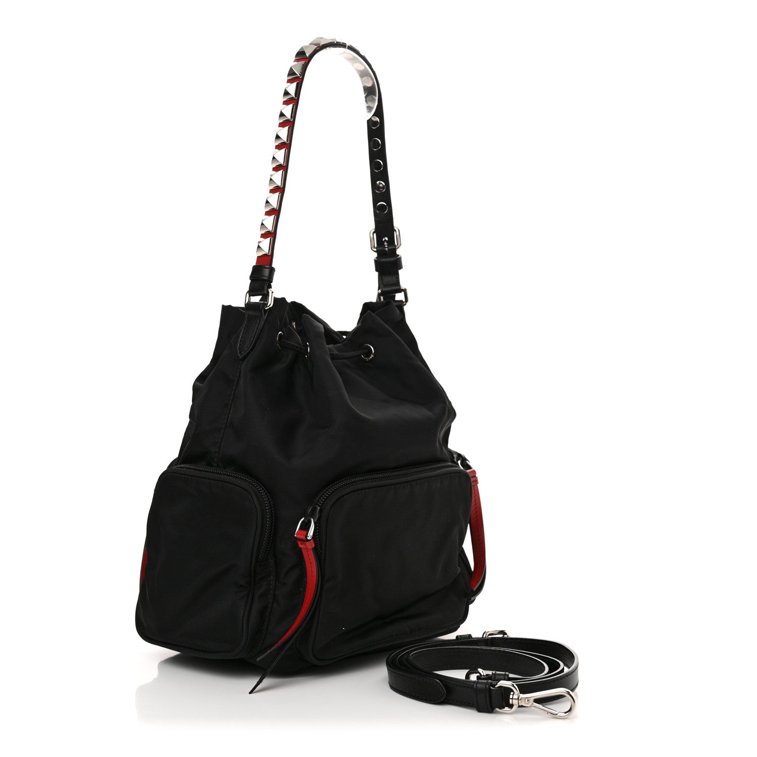 Prada Tessuto Nylon Studded New Vela Mini Bucket Crossbody Bag Black Fuoco 3 of 11