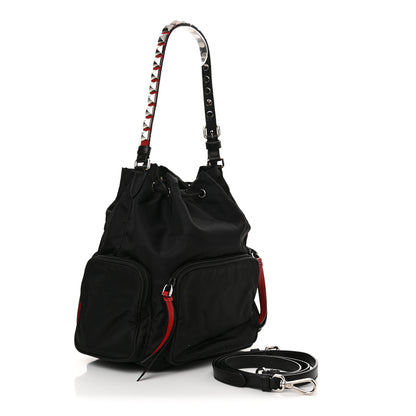 Prada Tessuto Nylon Studded New Vela Mini Bucket Crossbody Bag Black Fuoco 3 of 11