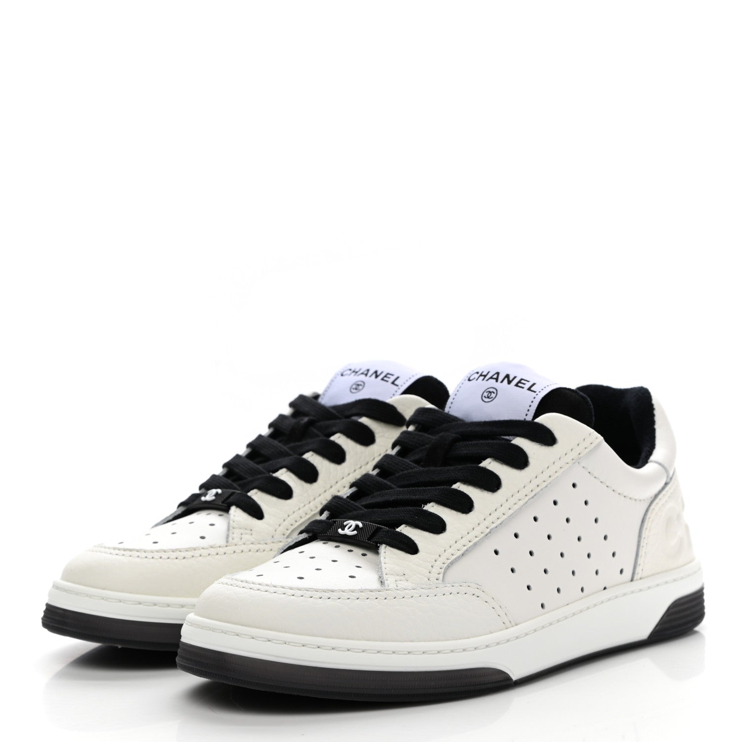 Chanel Grained Calfskin Fabric Womens Logo Sneakers 37 White Black 3 of 9