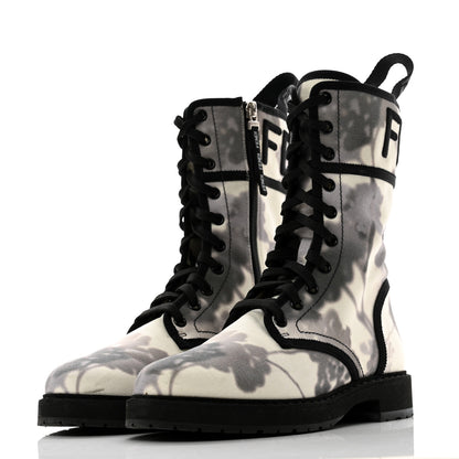 Fendi Canvas Floral Print Logo Bi-Color Womens Biker Boots 37 White Black 3 of 11