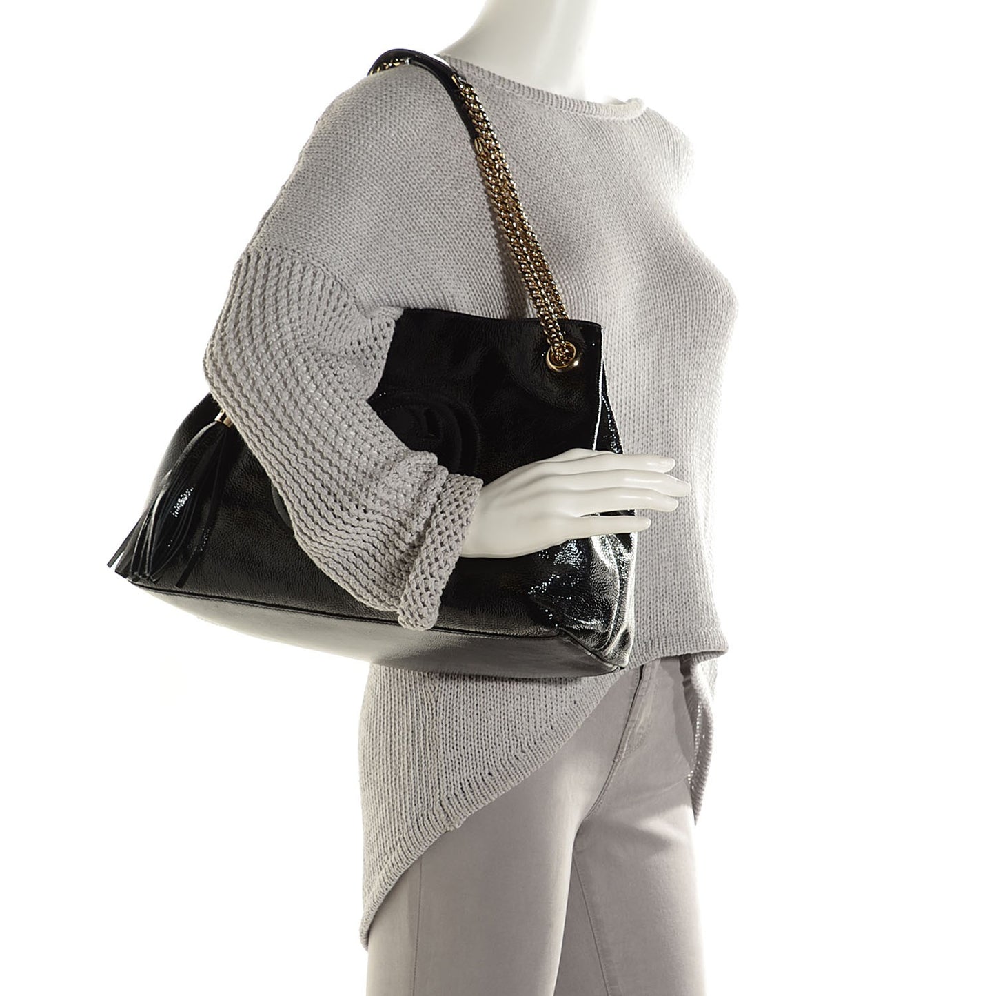 Patent Medium Soho Chain Shoulder Bag Black