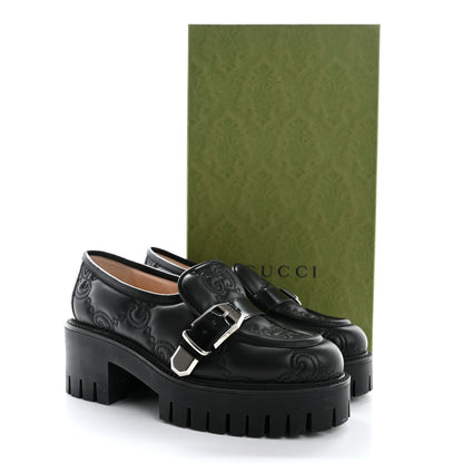 Gucci Nappa Cordovan Lux GG Matelasse Buckled Platform Lug Sole 60mm Loafers 37.5 Black 15 of 16