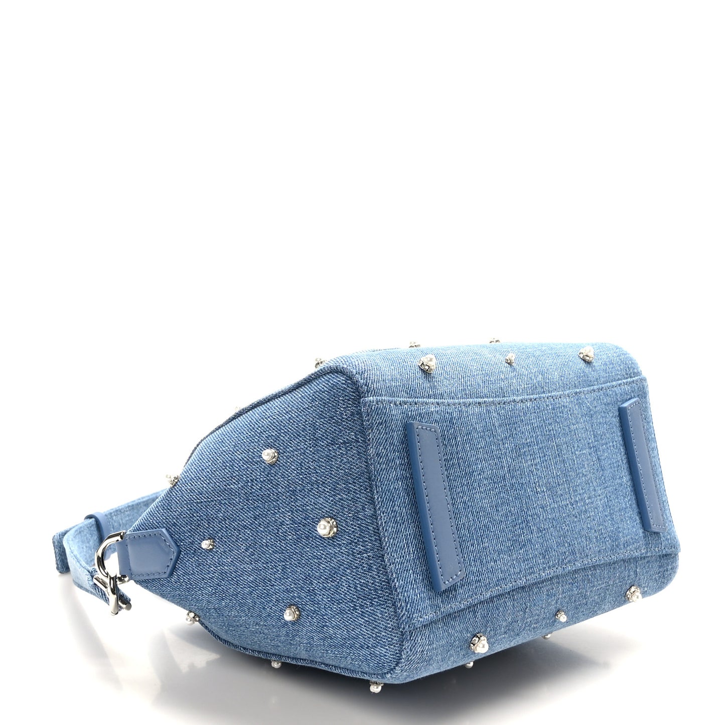 Denim Pearl Embellished Mini Lock Antigona Shoulder Bag Blue
