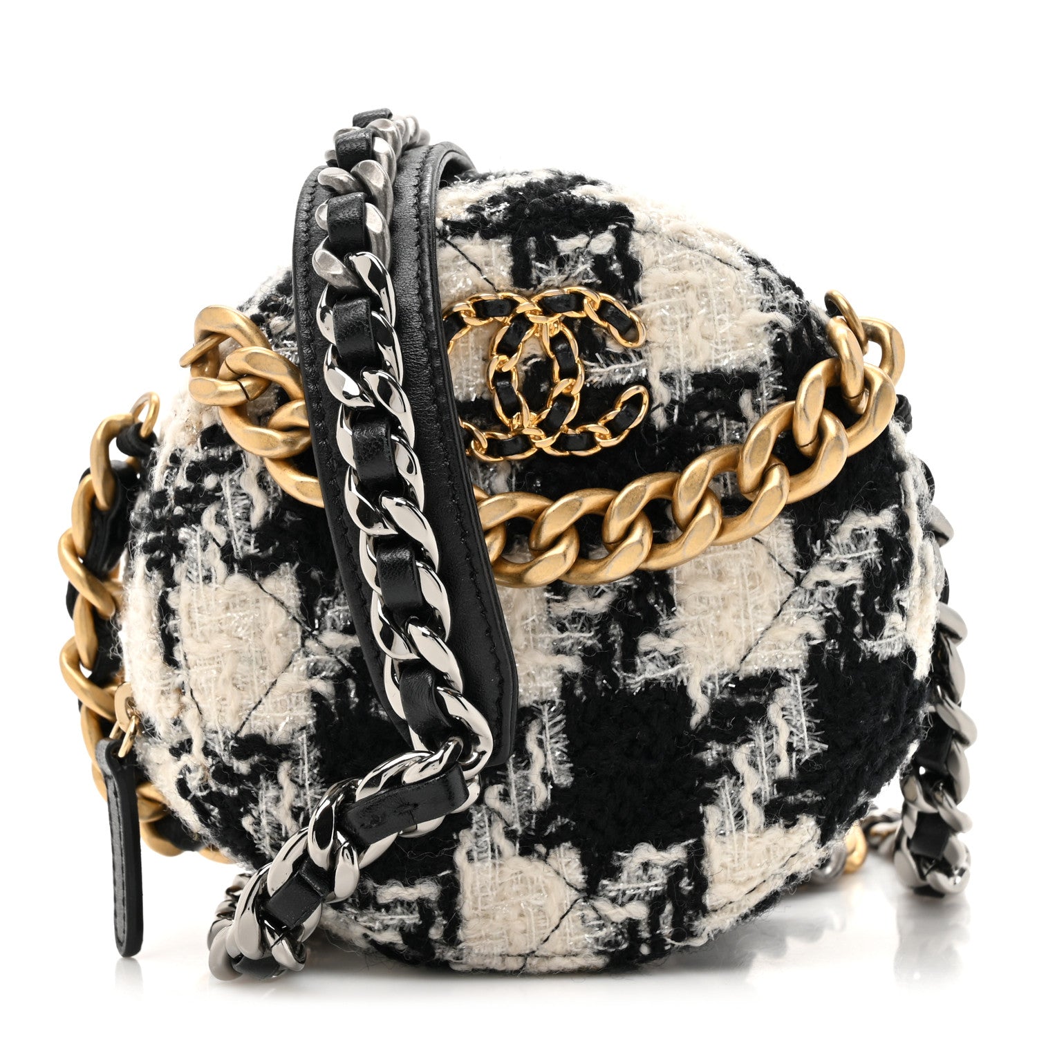Chanel Wool Tweed Lambskin Quilted Chanel 19 Round Clutch With Chain and Coin Purse Black White 1 of 12