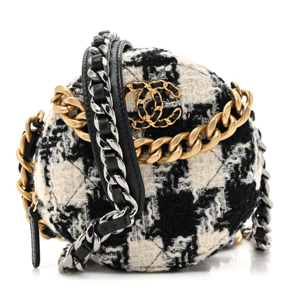 Chanel Wool Tweed Lambskin Quilted Chanel 19 Round Clutch With Chain and Coin Purse Black White 1 of 12