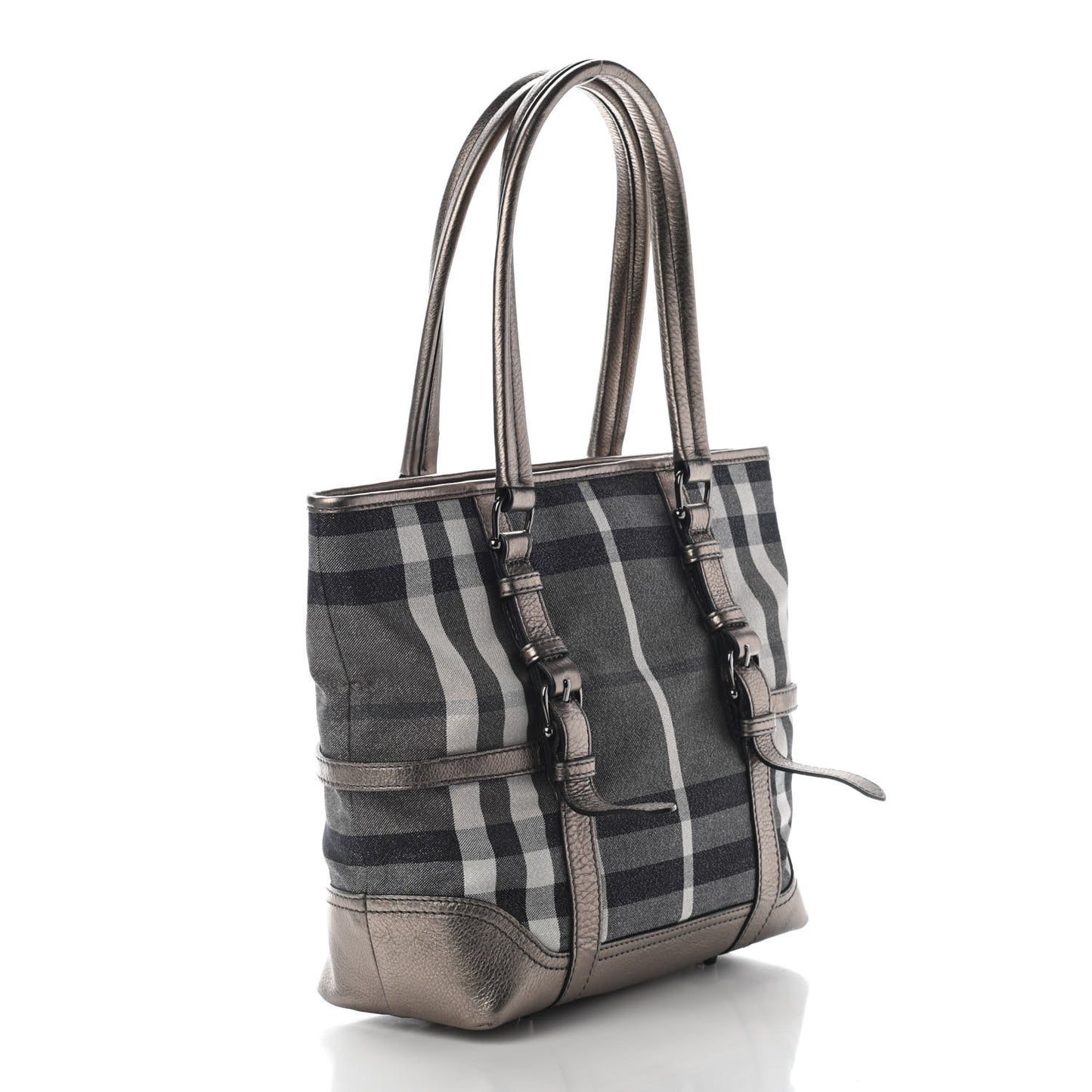 Metallic Calfskin House Check Tote Pewter