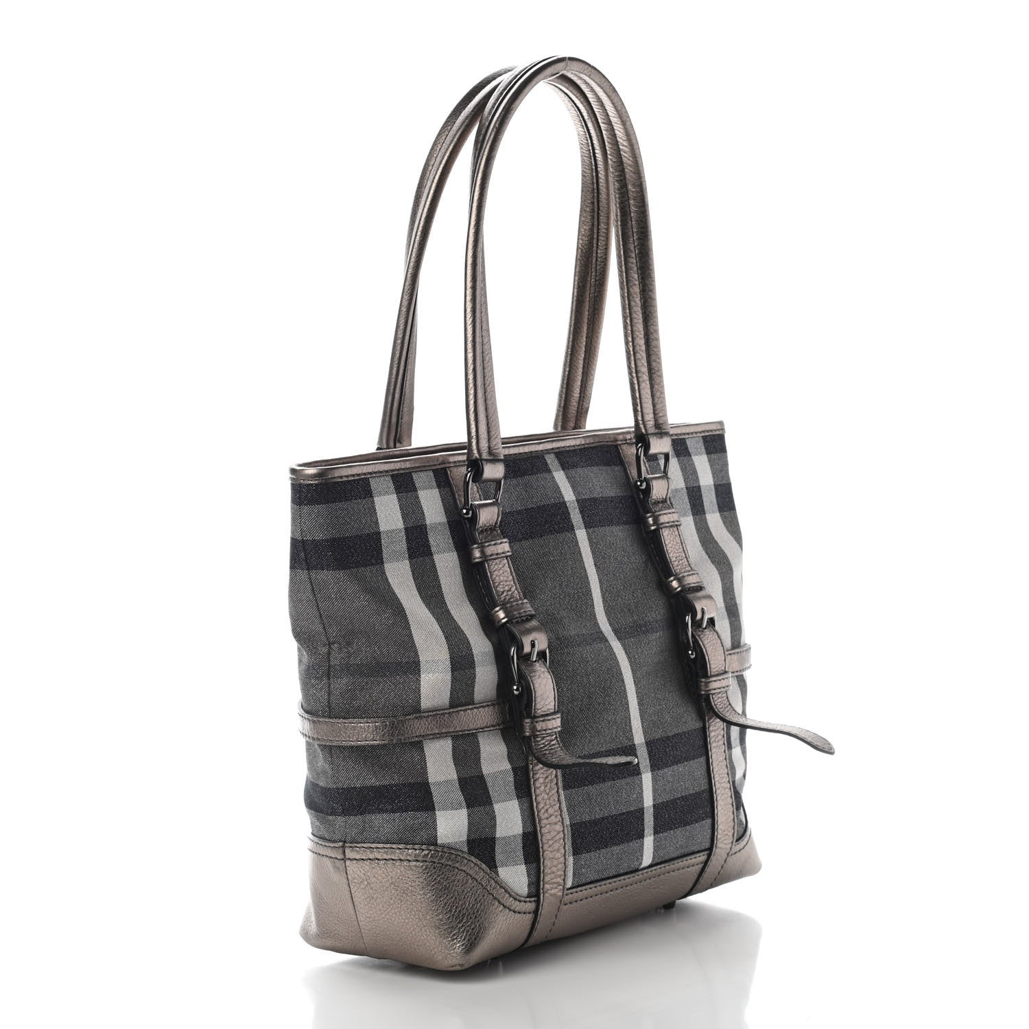 Burberry Metallic Calfskin House Check Tote Pewter 3 of 8