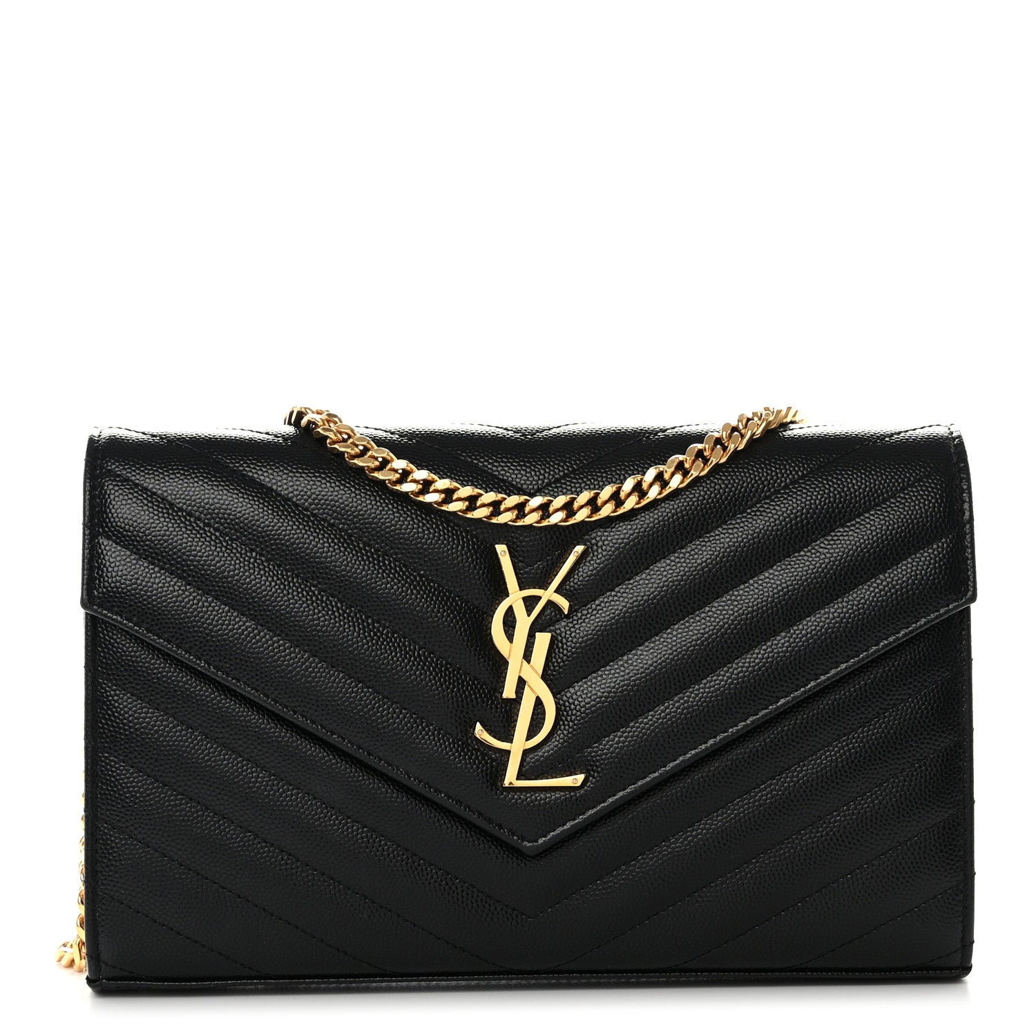 Saint Laurent Grain De Poudre Matelasse Chevron Monogram Chain Wallet Black 1 of 12
