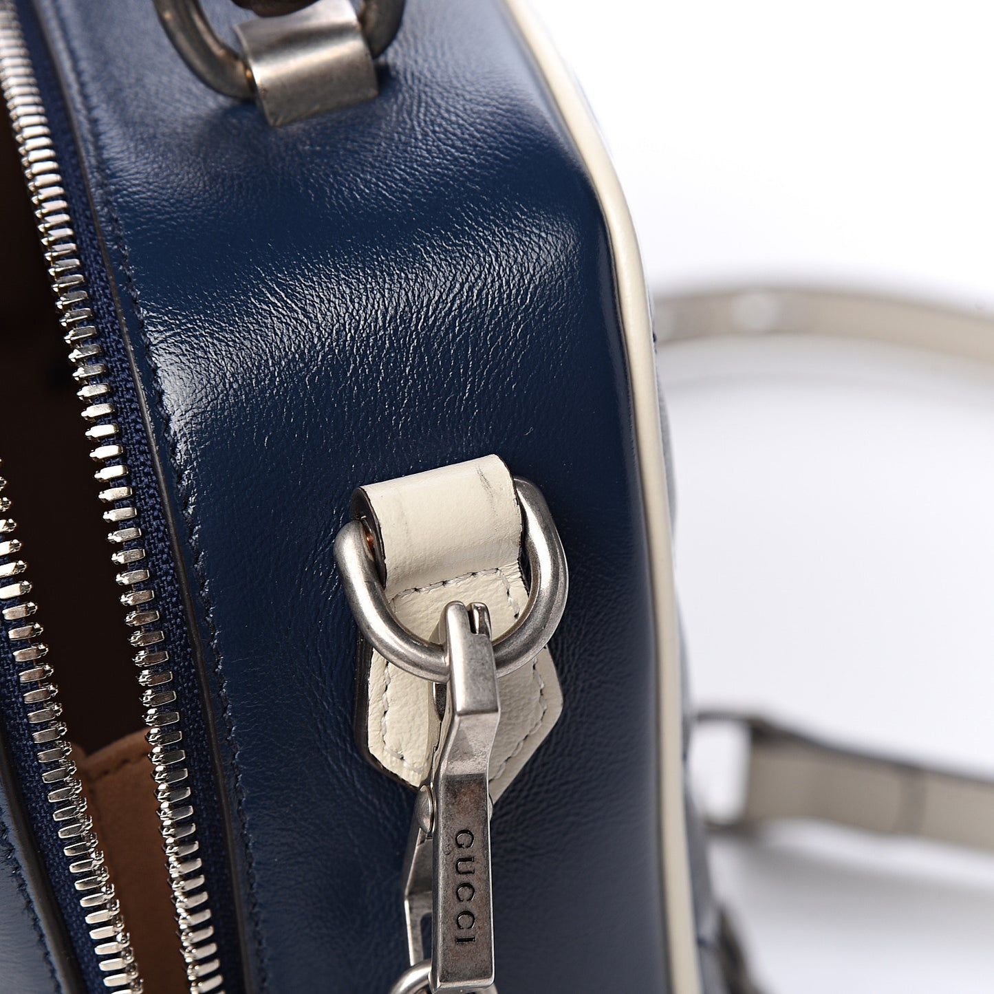 Vintage Effect Calfskin Matelasse Diagonal Small Torchon GG Marmont Bamboo Top Handle Shoulder Bag Blue Agata Mystic White