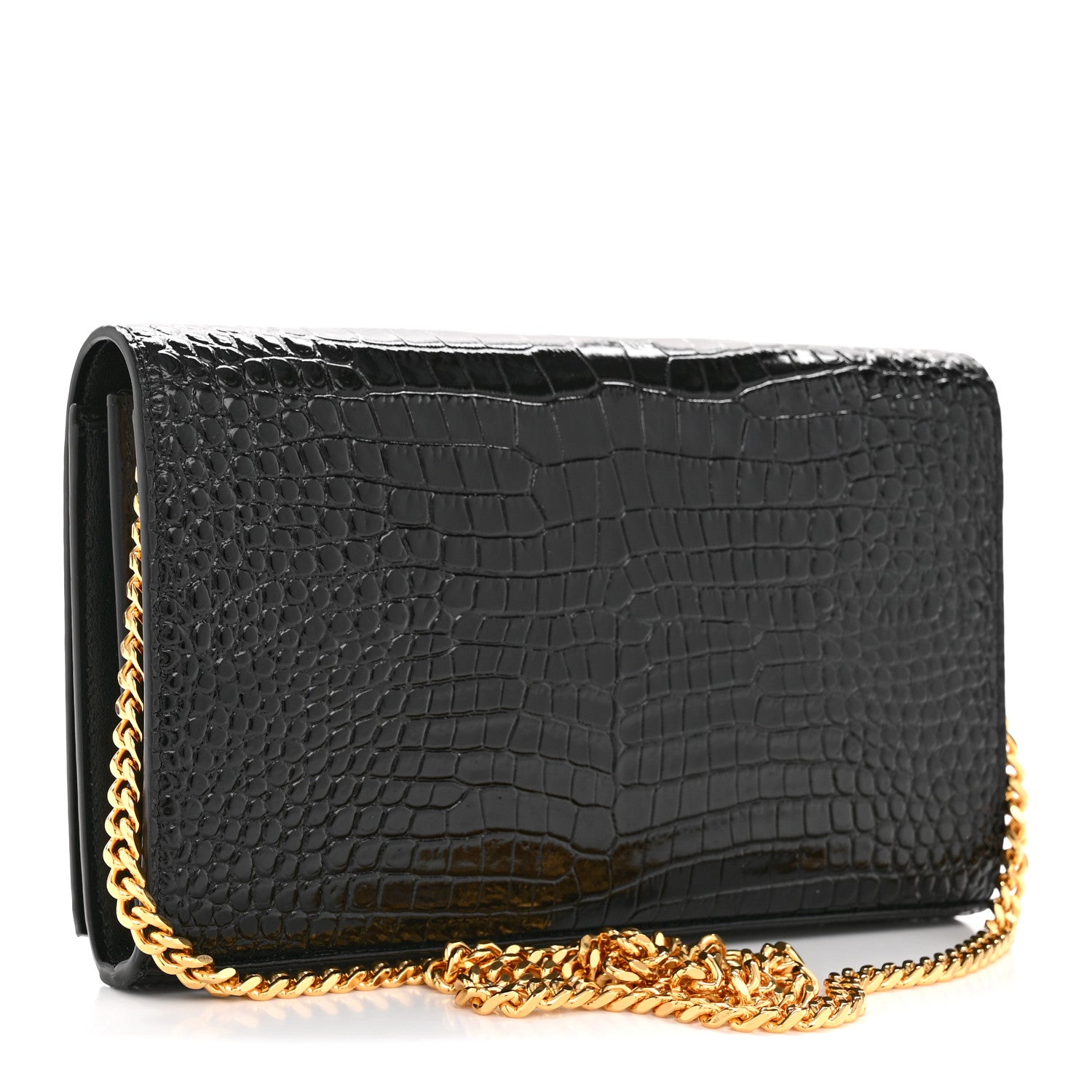 Saint Laurent Calfskin Crocodile Embossed Cassandre Wallet On Chain WOC Black 3 of 13