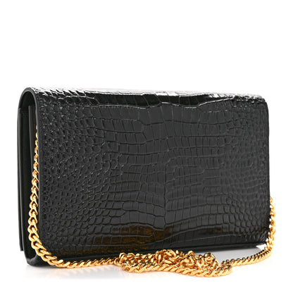 Saint Laurent Calfskin Crocodile Embossed Cassandre Wallet On Chain WOC Black 3 of 13
