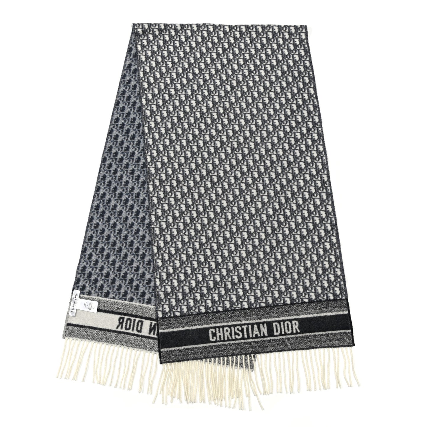 Cashmere Oblique Fringed Scarf Navy