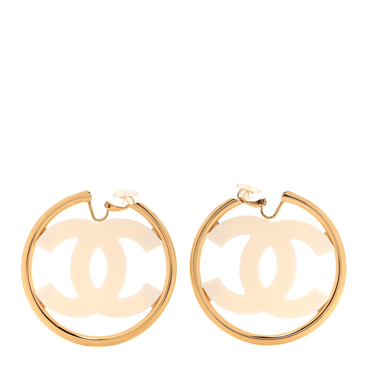 Chanel Metal Enamel CC Hoop Clip On Earrings Gold White 3 of 4