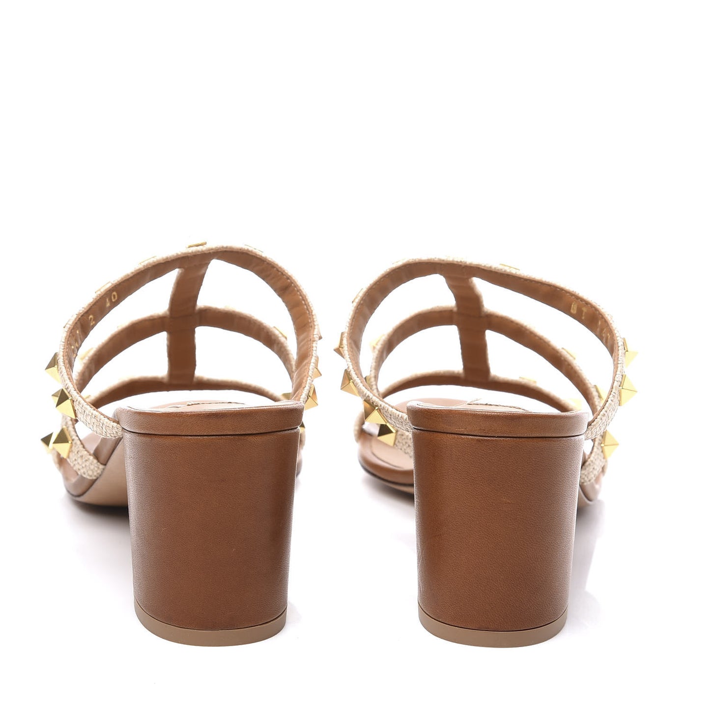 Raffia Calfskin Rockstud 60mm Caged Slide Sandals 40 Naturale