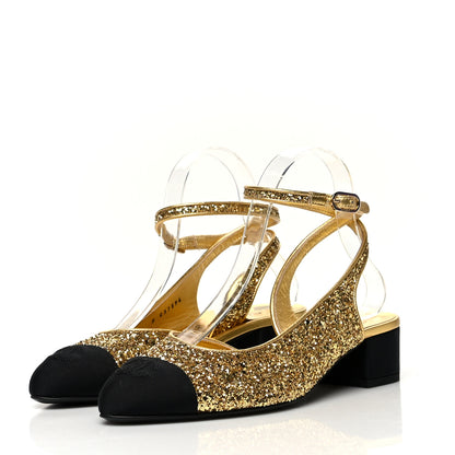Chanel Glitter Grosgrain Cap Toe CC Ankle Wrap Pumps 38 Gold Black 3 of 8