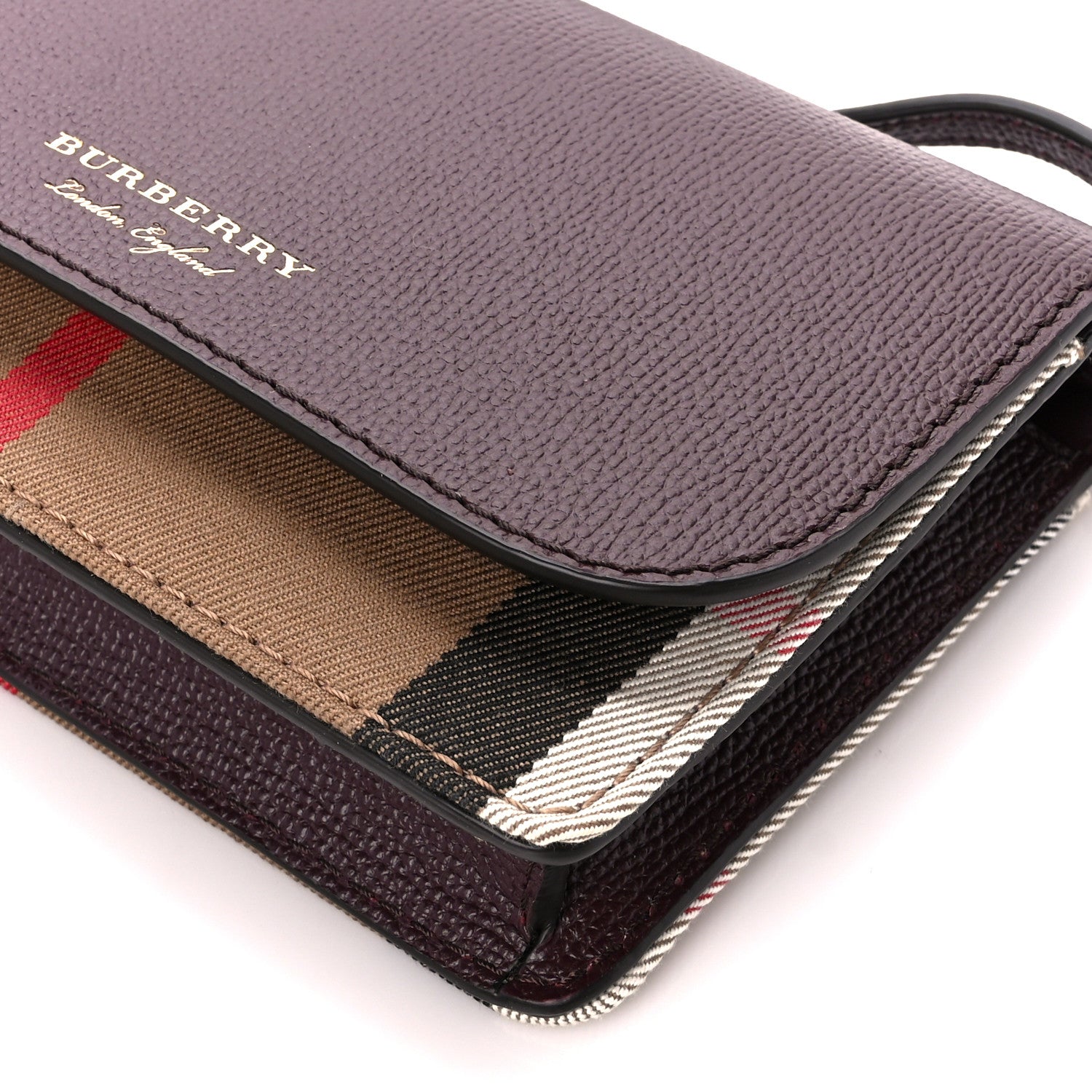 Burberry Grained Calfskin House Check Tartan Mix Hampshire Wallet On Chain Burgundy 9 of 9