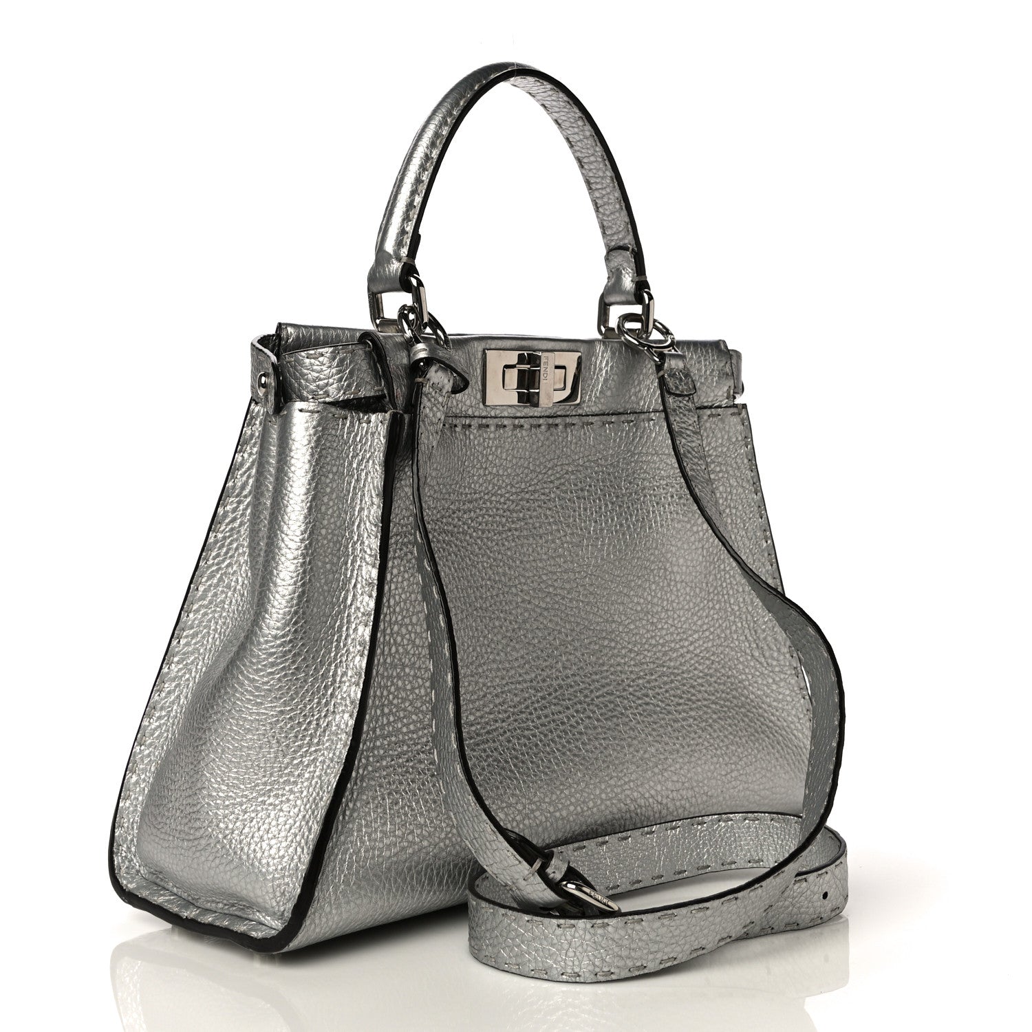 Fendi Cuoio Romano Lux Selleria Medium Peekaboo Iconic Satchel Argento 3 of 11