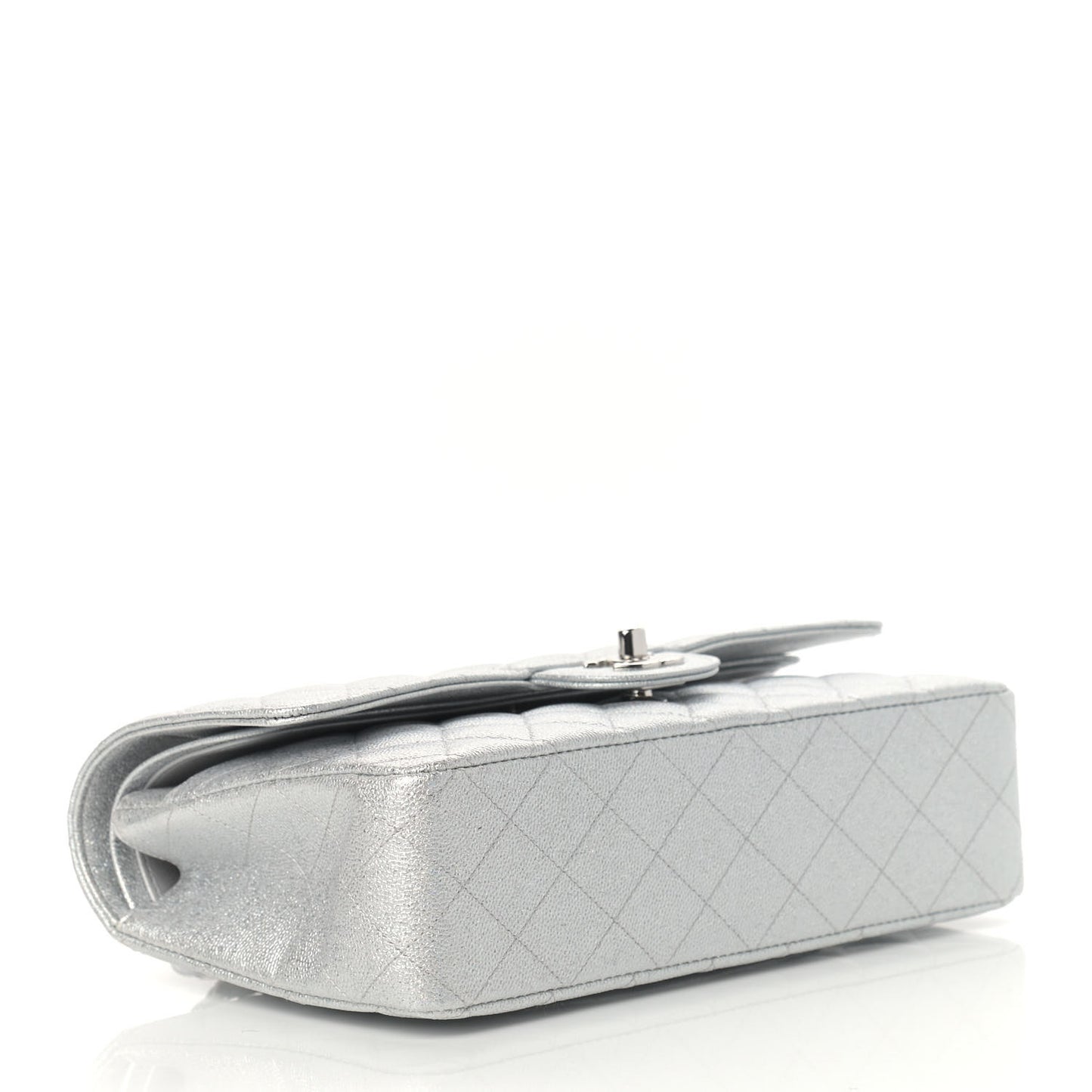 Glittered Metallic Caviar Quilted Medium Double Flap Silver