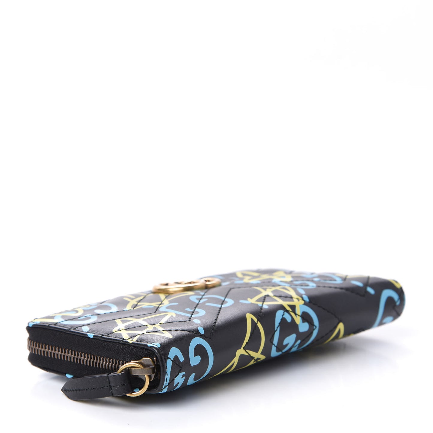 Calfskin Matelasse GucciGhost GG Marmont Zip Around Wallet Black New Acquamarine