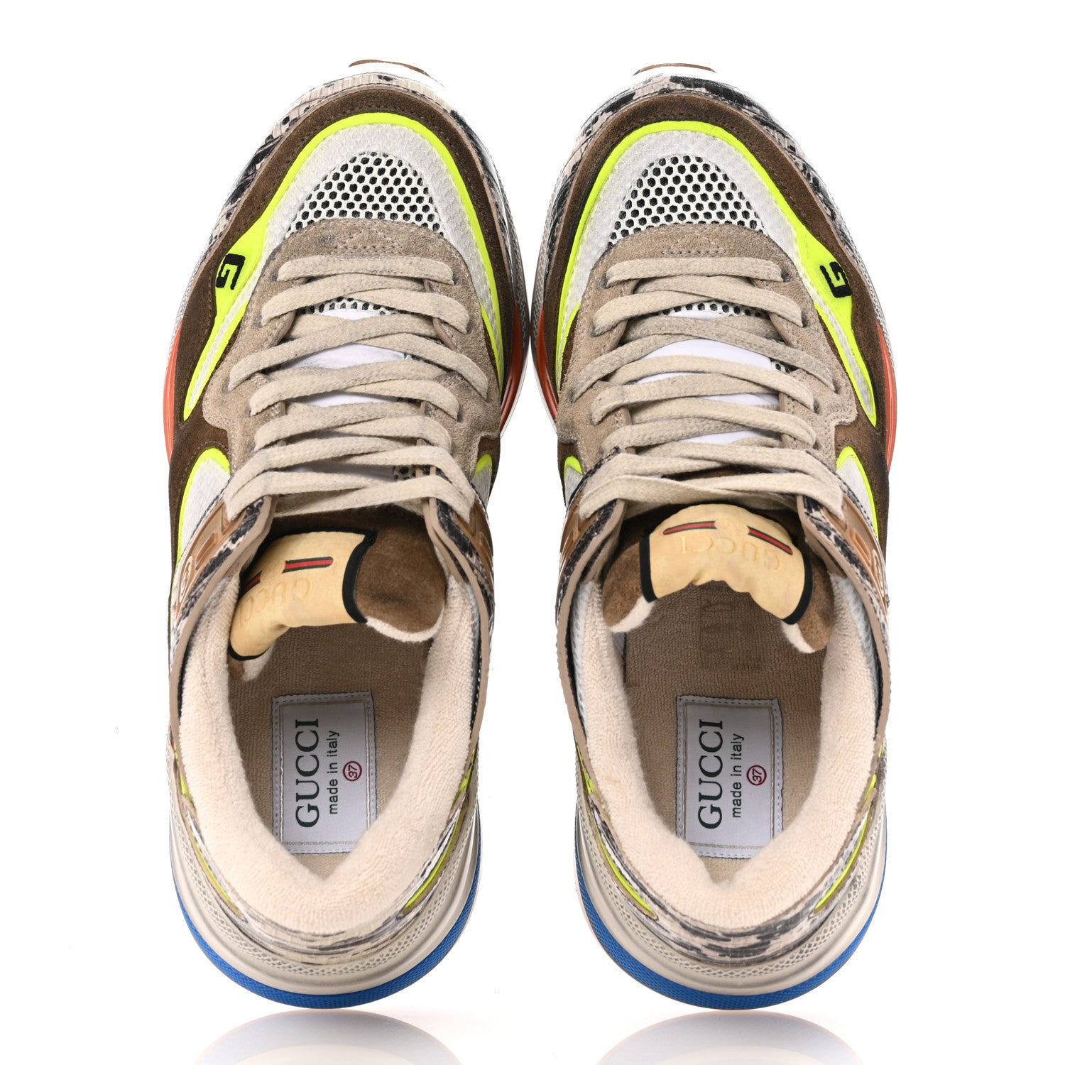 Gucci Suede Calfskin Tejus Printed Womens Ultrapace Sneakers 37 Natural Ardesia Neon Yellow 2 of 9