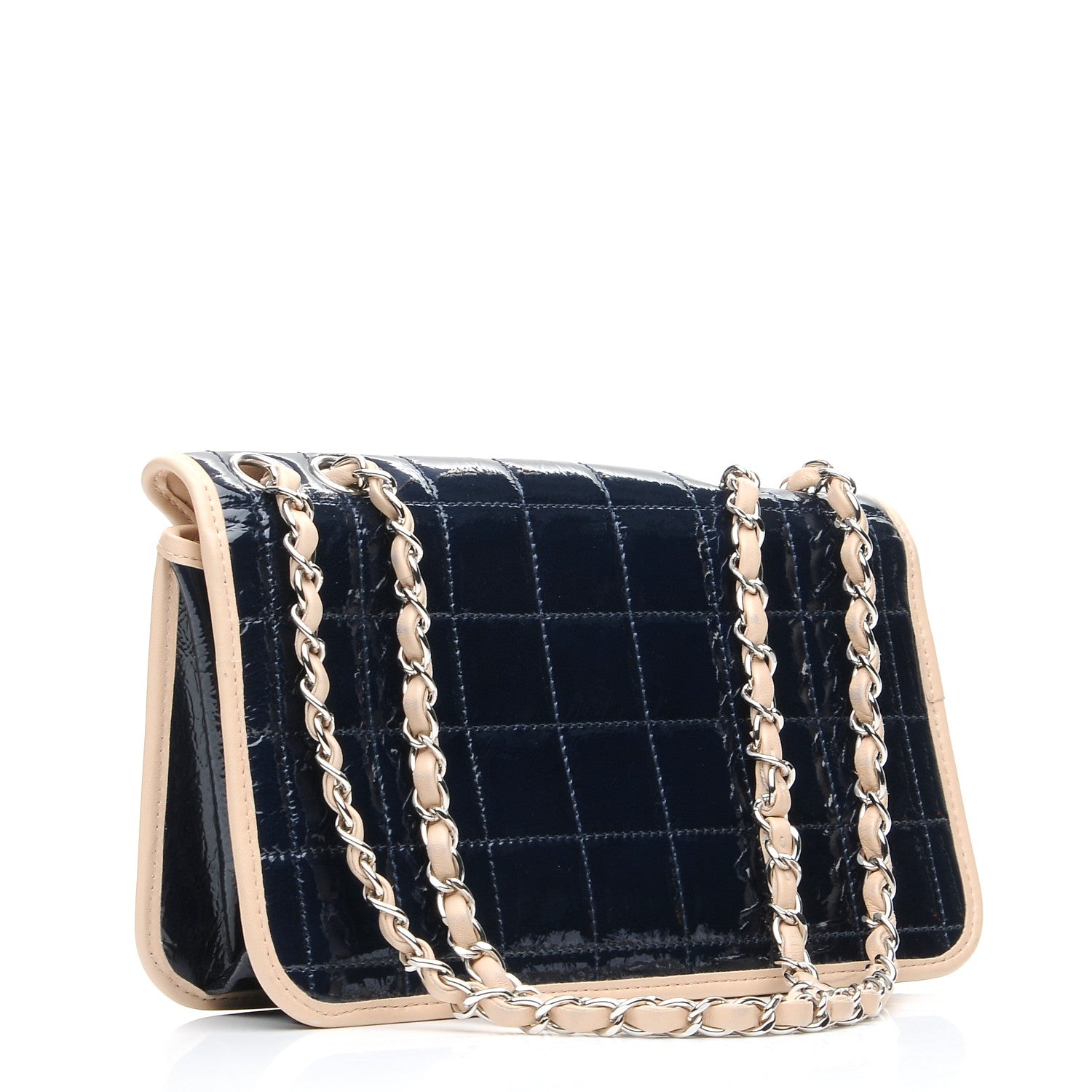 Chanel Patent Lambskin Medium Chocolate Bar Flap Navy Beige 4 of 13