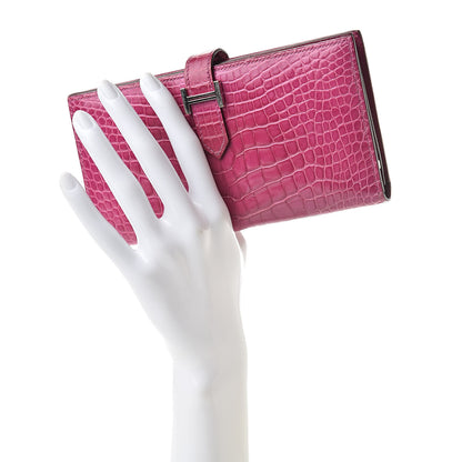 Hermes Shiny Alligator Bearn Wallet Rose Scheherazade 2 of 10