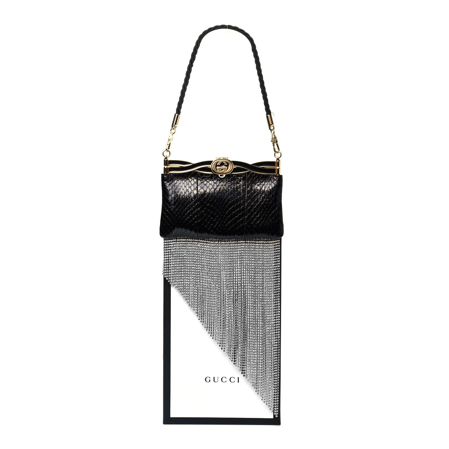 Gucci Snakeskin Crystal Fringe Broadway Evening Clutch Bag Black 10 of 10