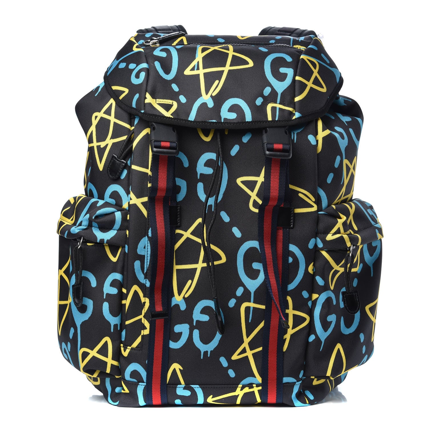 Gucci Techno Canvas GucciGhost Double Buckle Backpack Black New Acquamarine 1 of 9