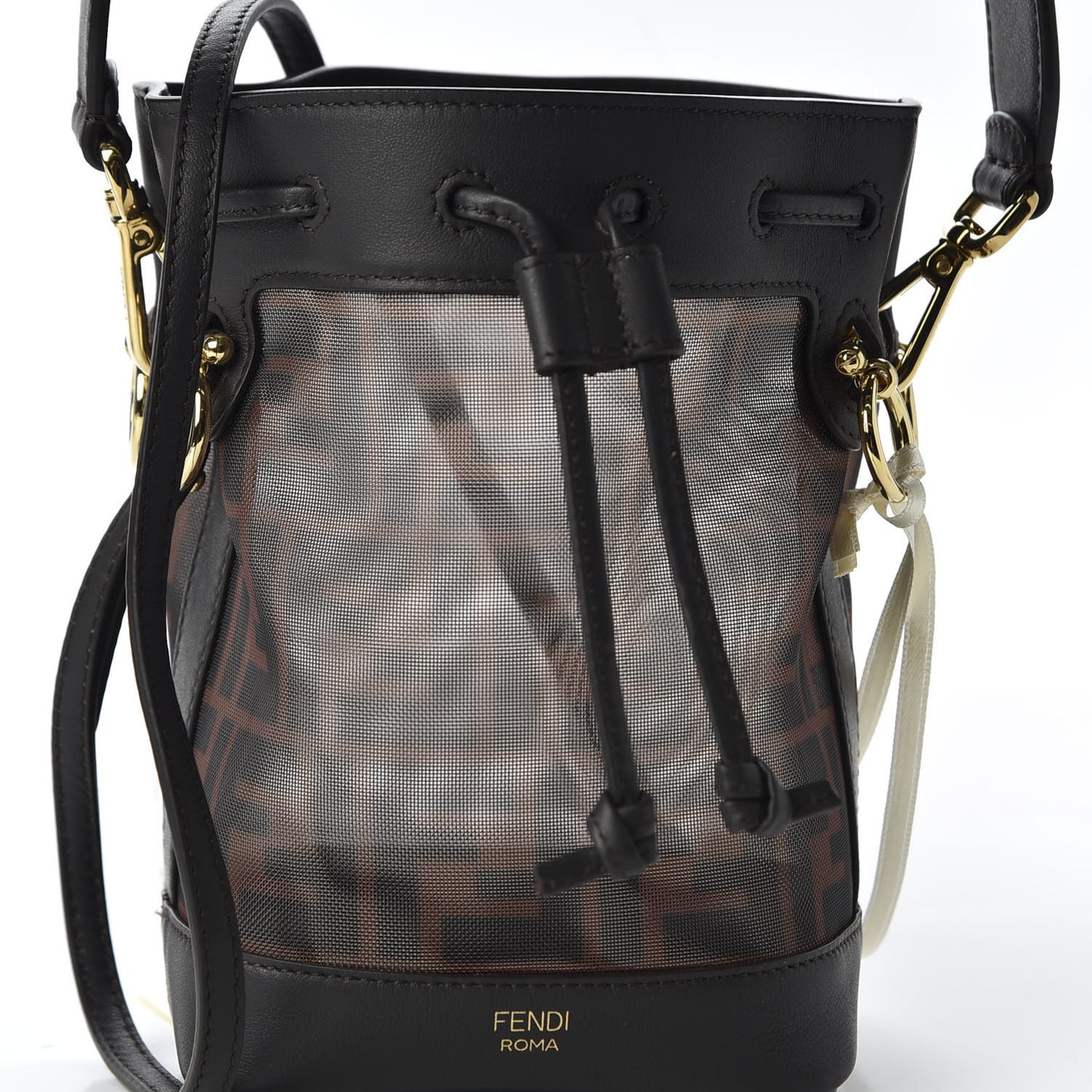 Mesh Vitello Grace F is Fendi FF 1974 Mini Mon Tresor Bucket Bag Marrone Black Ebano